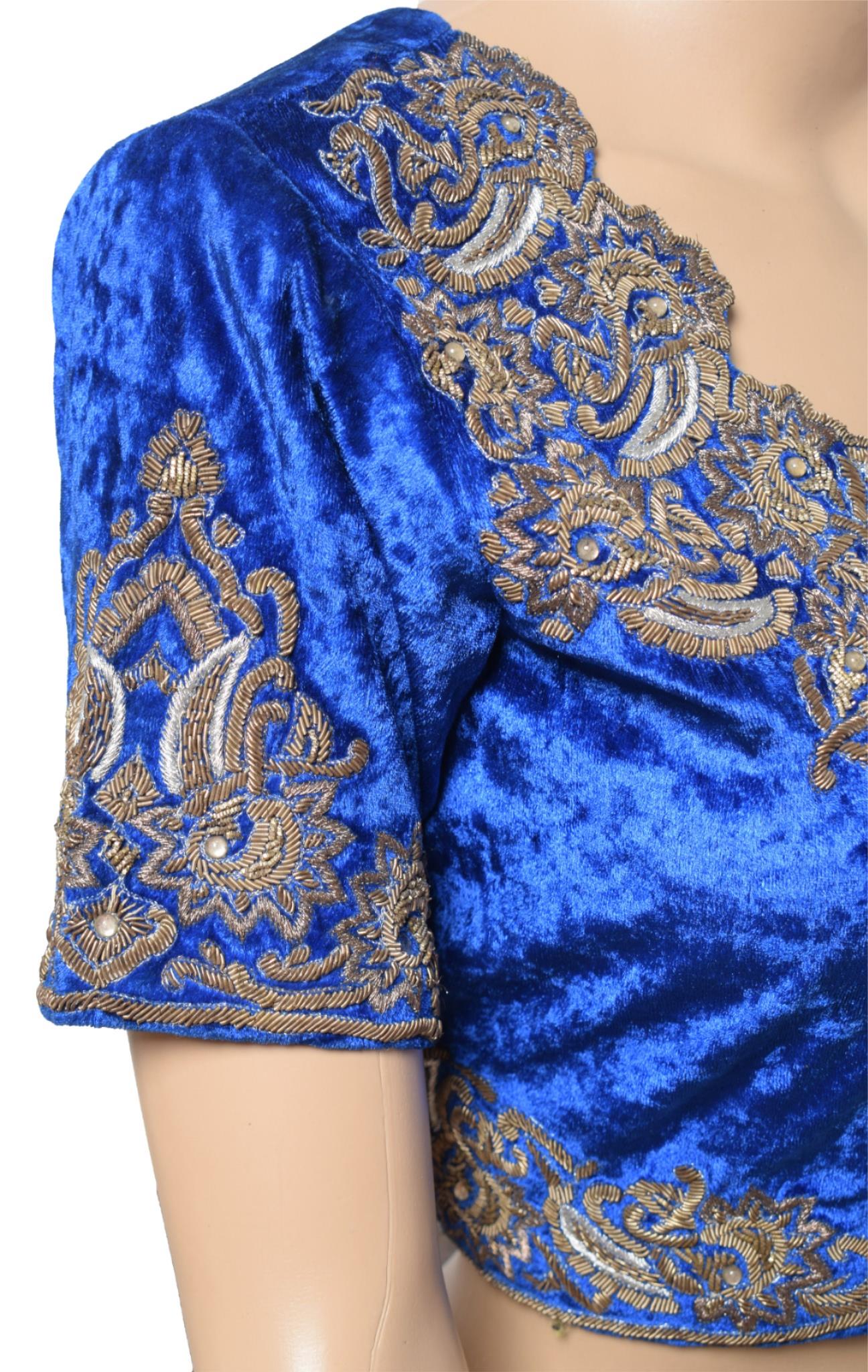 Sushila Vintage Blue Velvet Saree Blouse Gold and Silver Zardozi Work Choli 36"