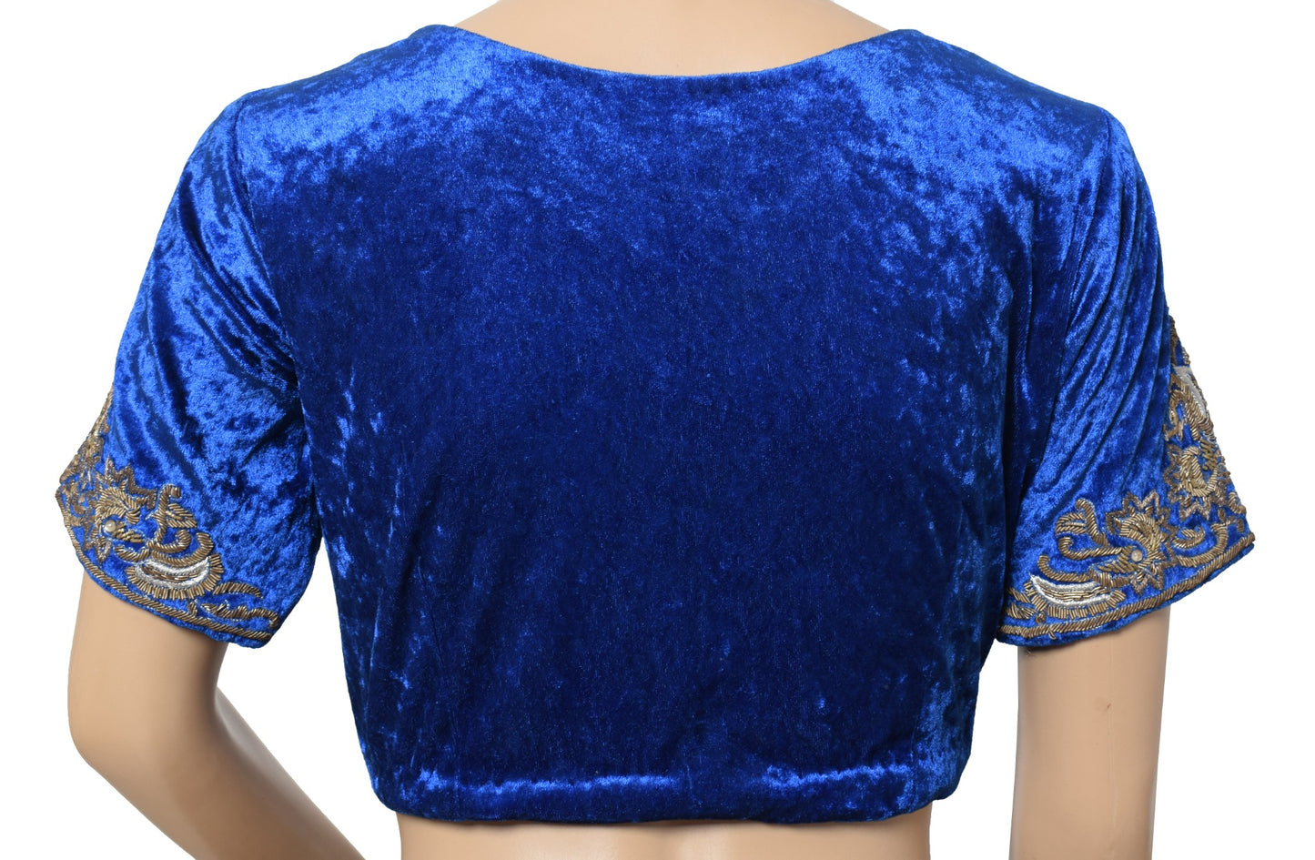 Sushila Vintage Blue Velvet Saree Blouse Gold and Silver Zardozi Work Choli 36"