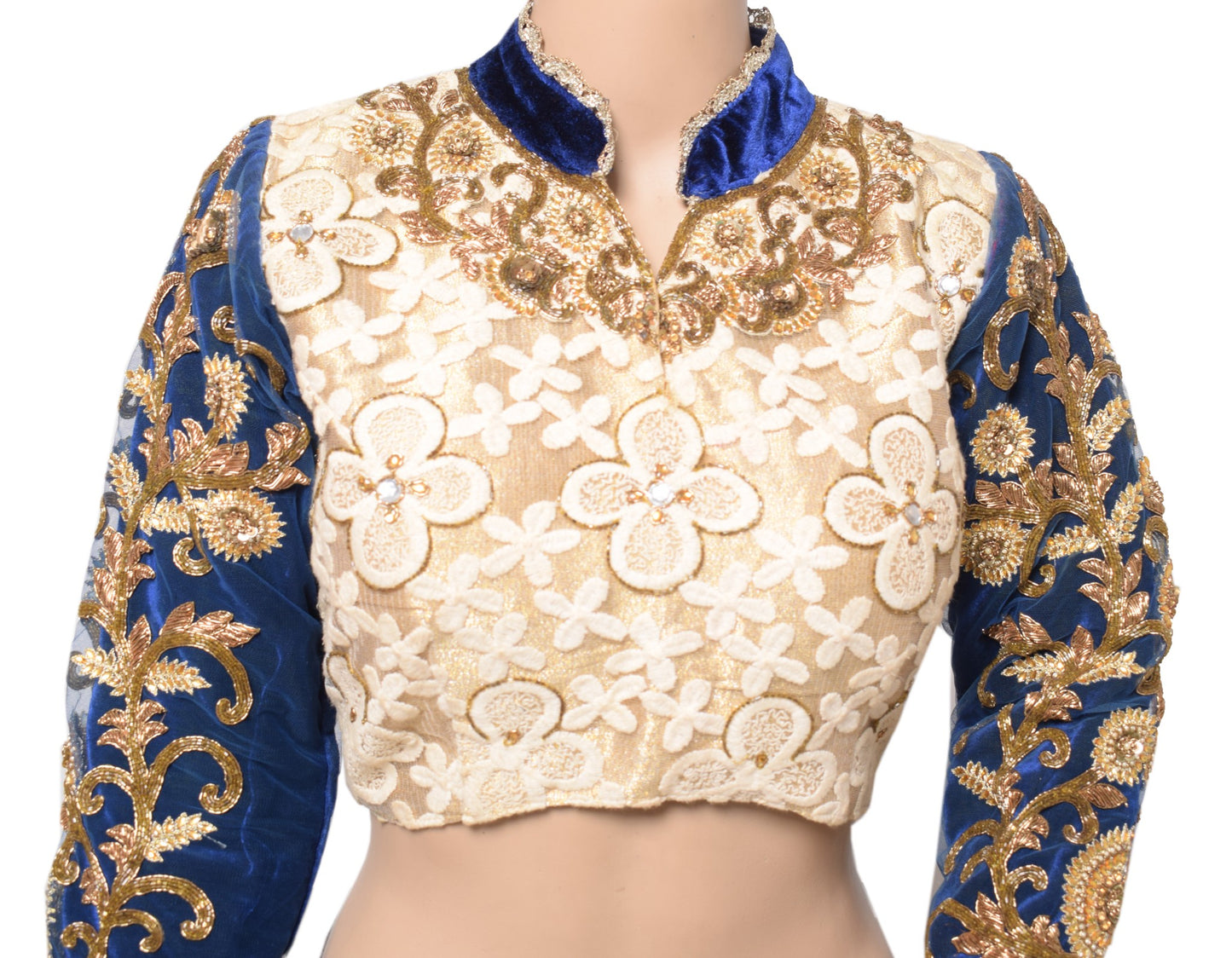 Sushila Vintage Cream Blue Sari Blouse Net Velvet Designer HEAVY Top Choli 36"