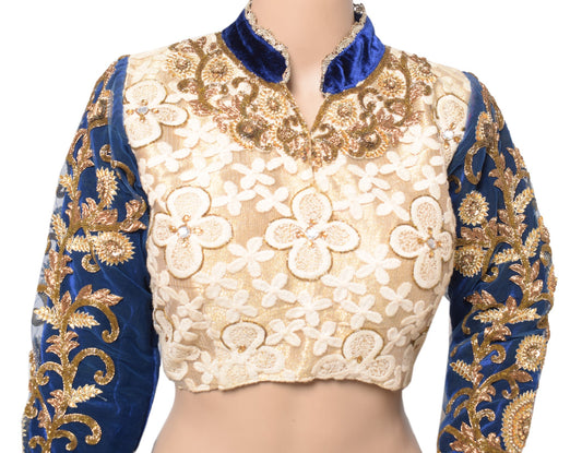 Sushila Vintage Cream Blue Sari Blouse Net Velvet Designer HEAVY Top Choli 36"