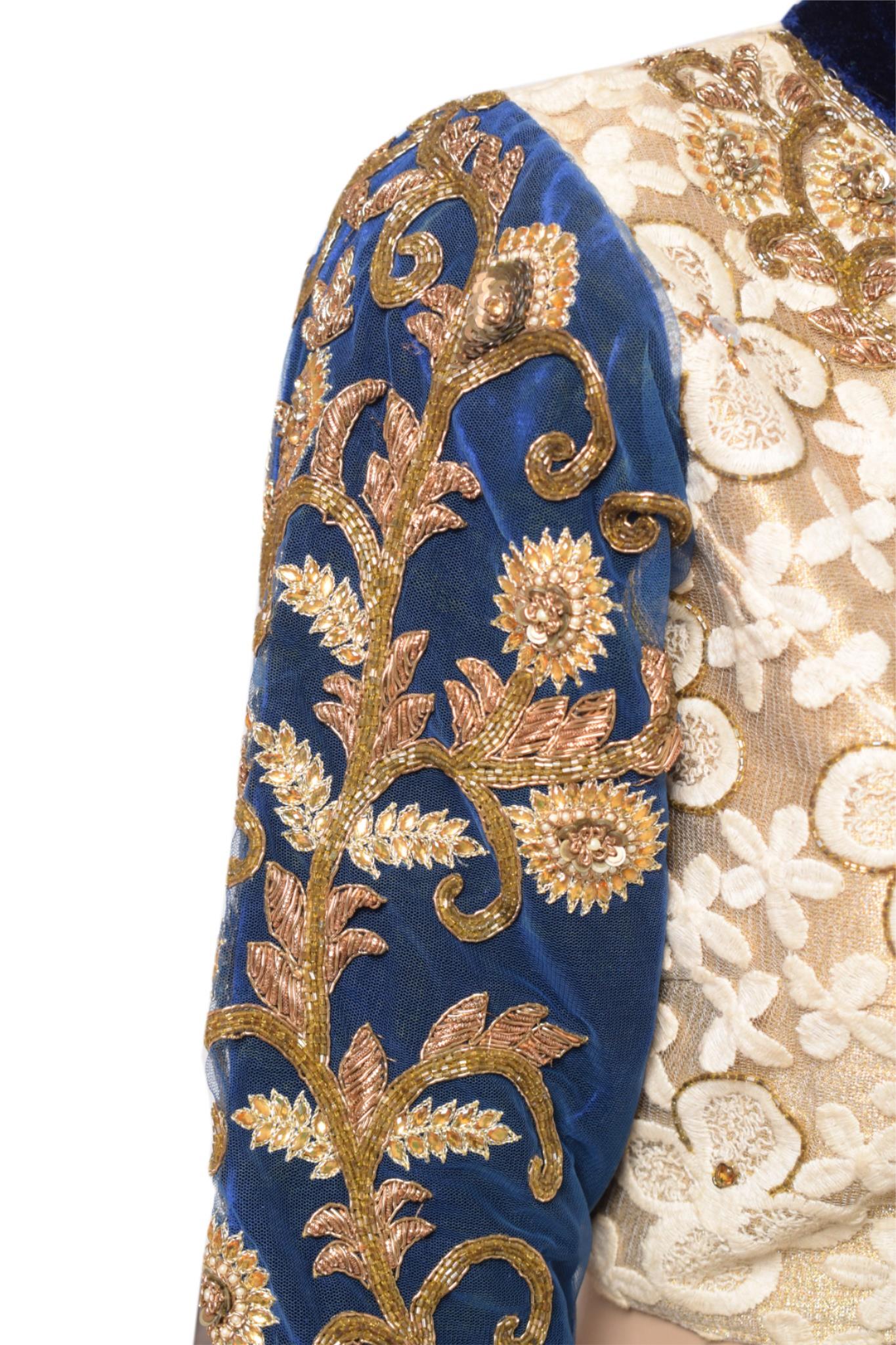 Sushila Vintage Cream Blue Sari Blouse Net Velvet Designer HEAVY Top Choli 36"