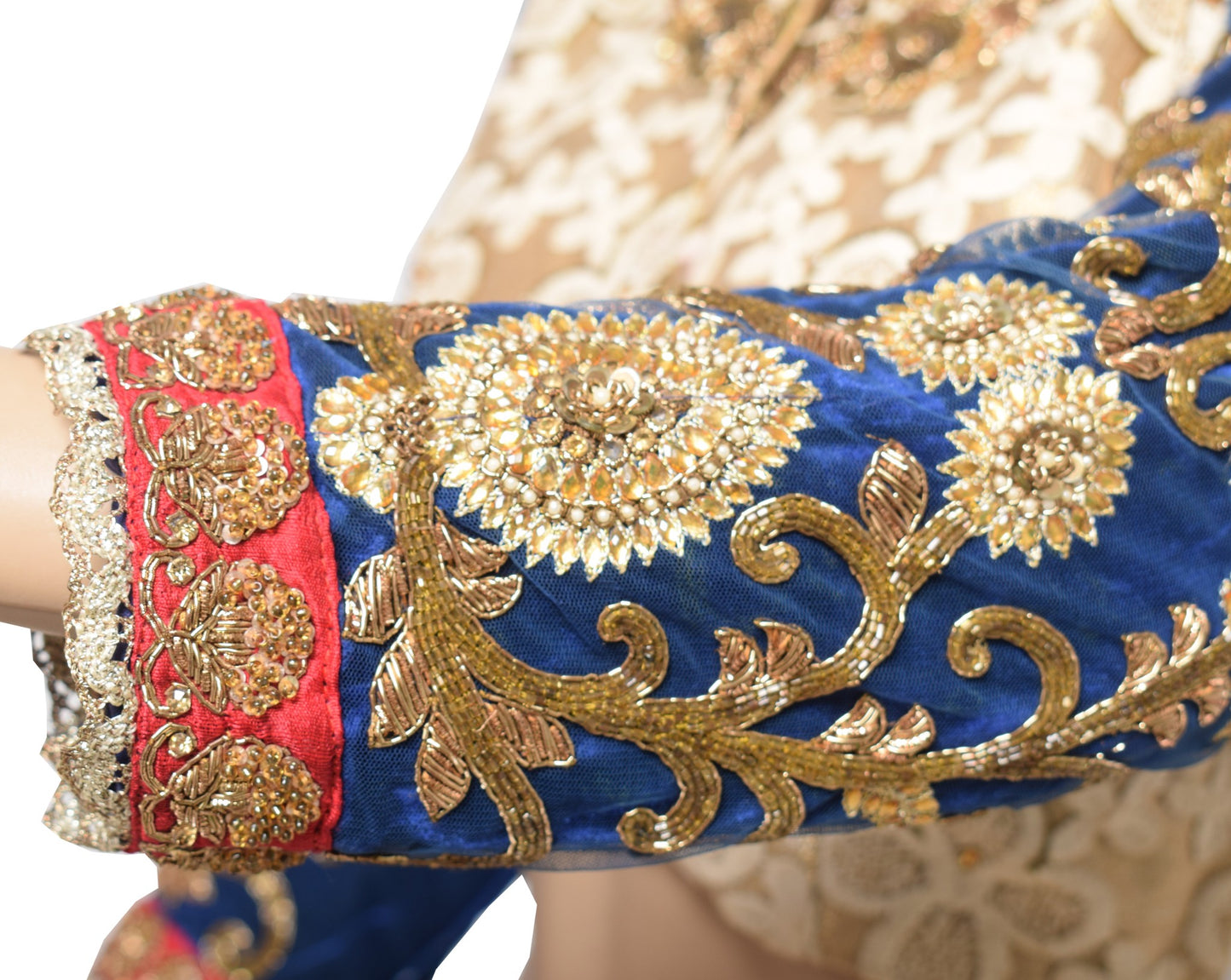 Sushila Vintage Cream Blue Sari Blouse Net Velvet Designer HEAVY Top Choli 36"