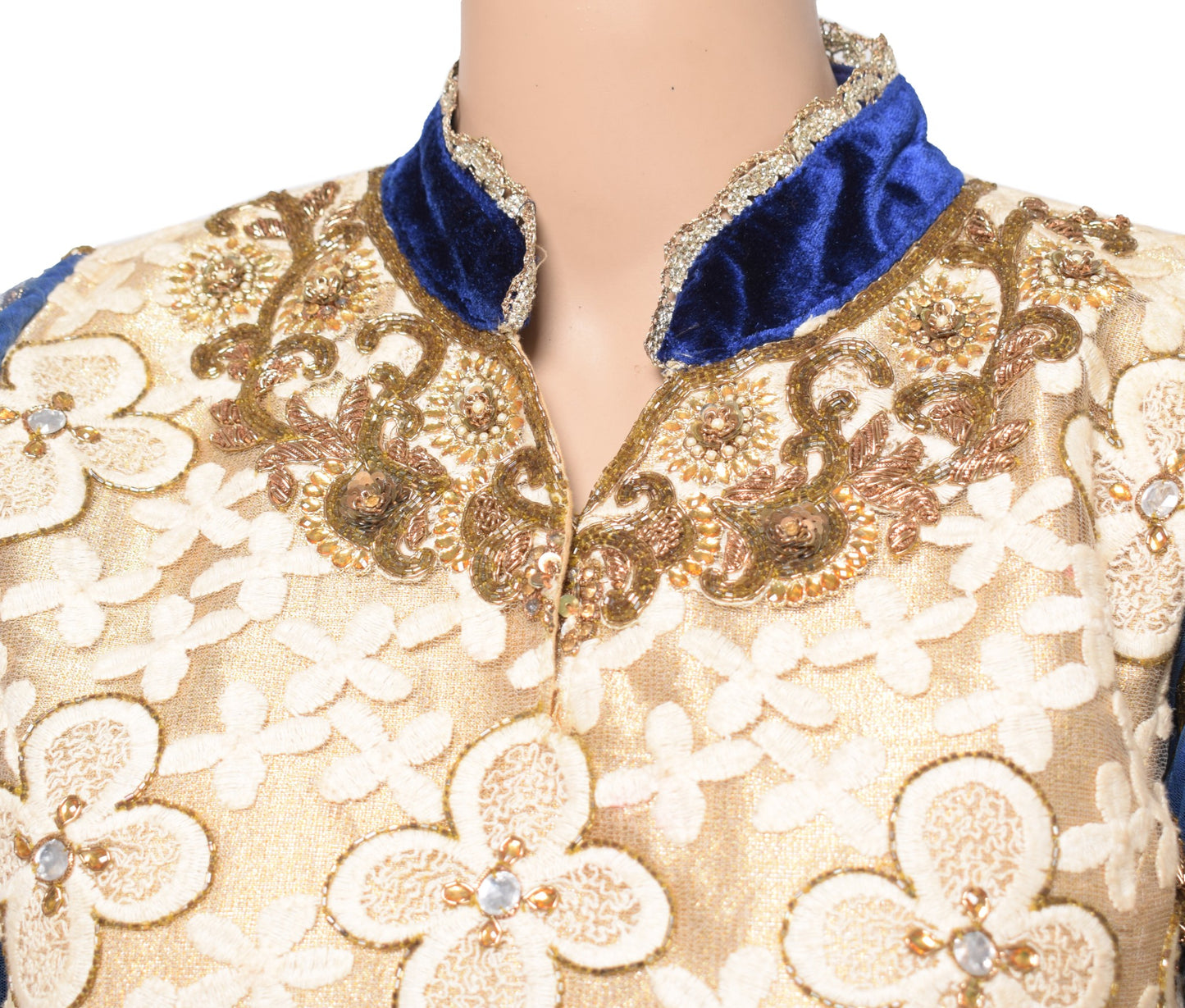 Sushila Vintage Cream Blue Sari Blouse Net Velvet Designer HEAVY Top Choli 36"