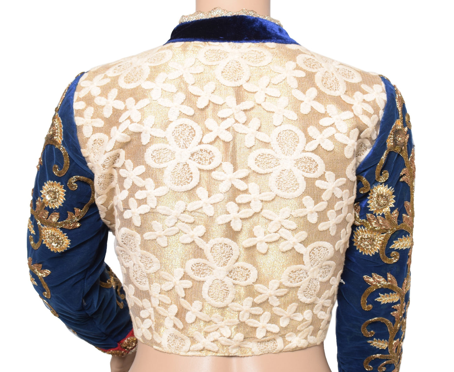 Sushila Vintage Cream Blue Sari Blouse Net Velvet Designer HEAVY Top Choli 36"