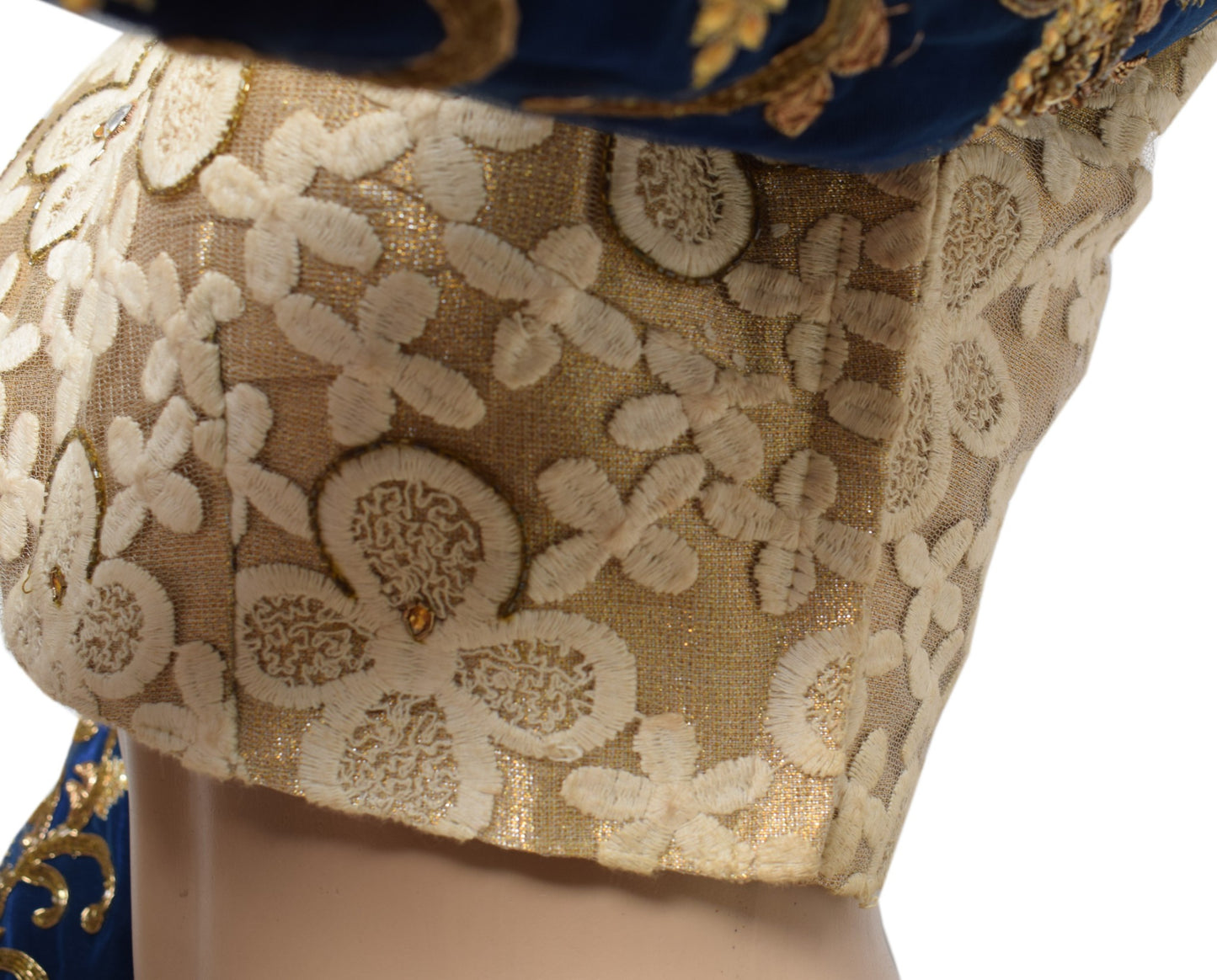 Sushila Vintage Cream Blue Sari Blouse Net Velvet Designer HEAVY Top Choli 36"