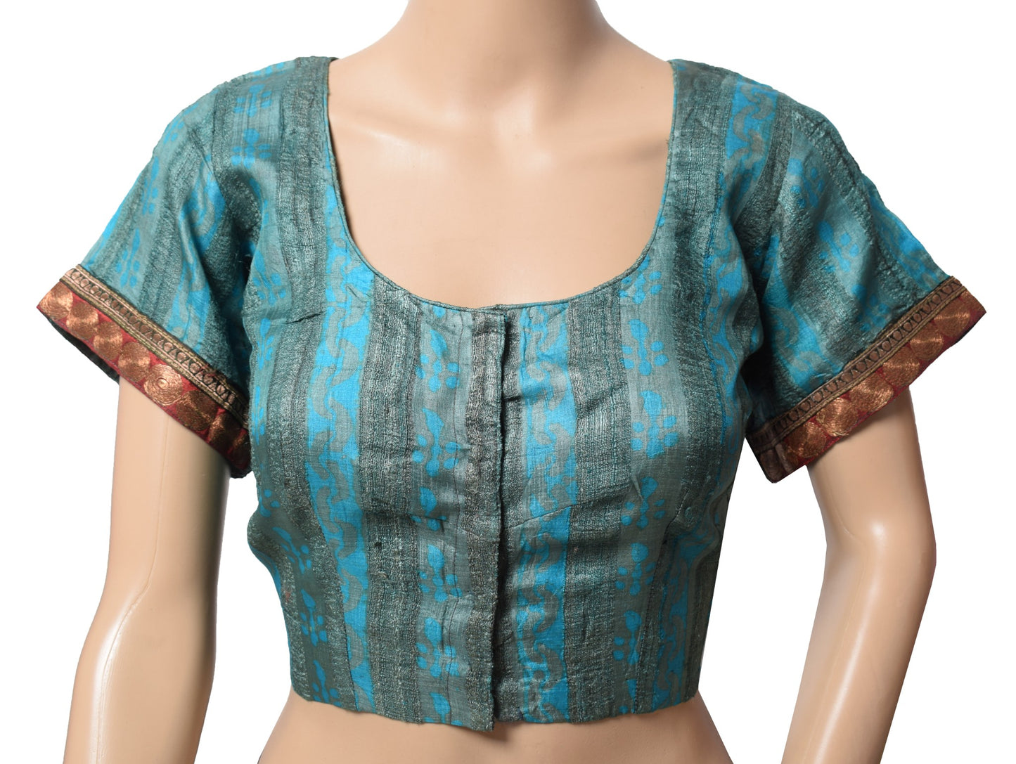 Sushila Vintage Gray Blue Stitched Sari Blouse Pure Tussar Khadi Woven Choli 40"