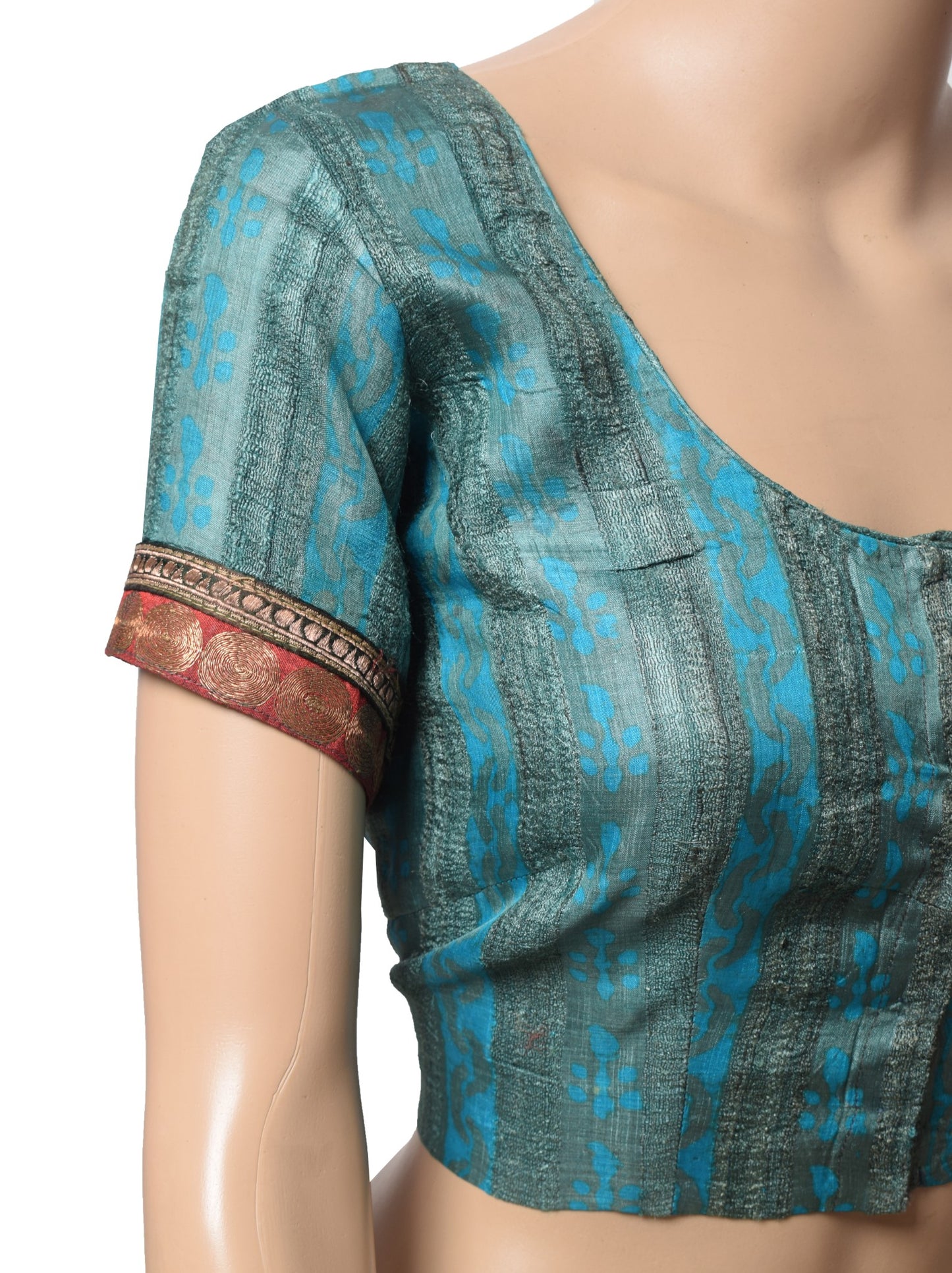 Sushila Vintage Gray Blue Stitched Sari Blouse Pure Tussar Khadi Woven Choli 40"