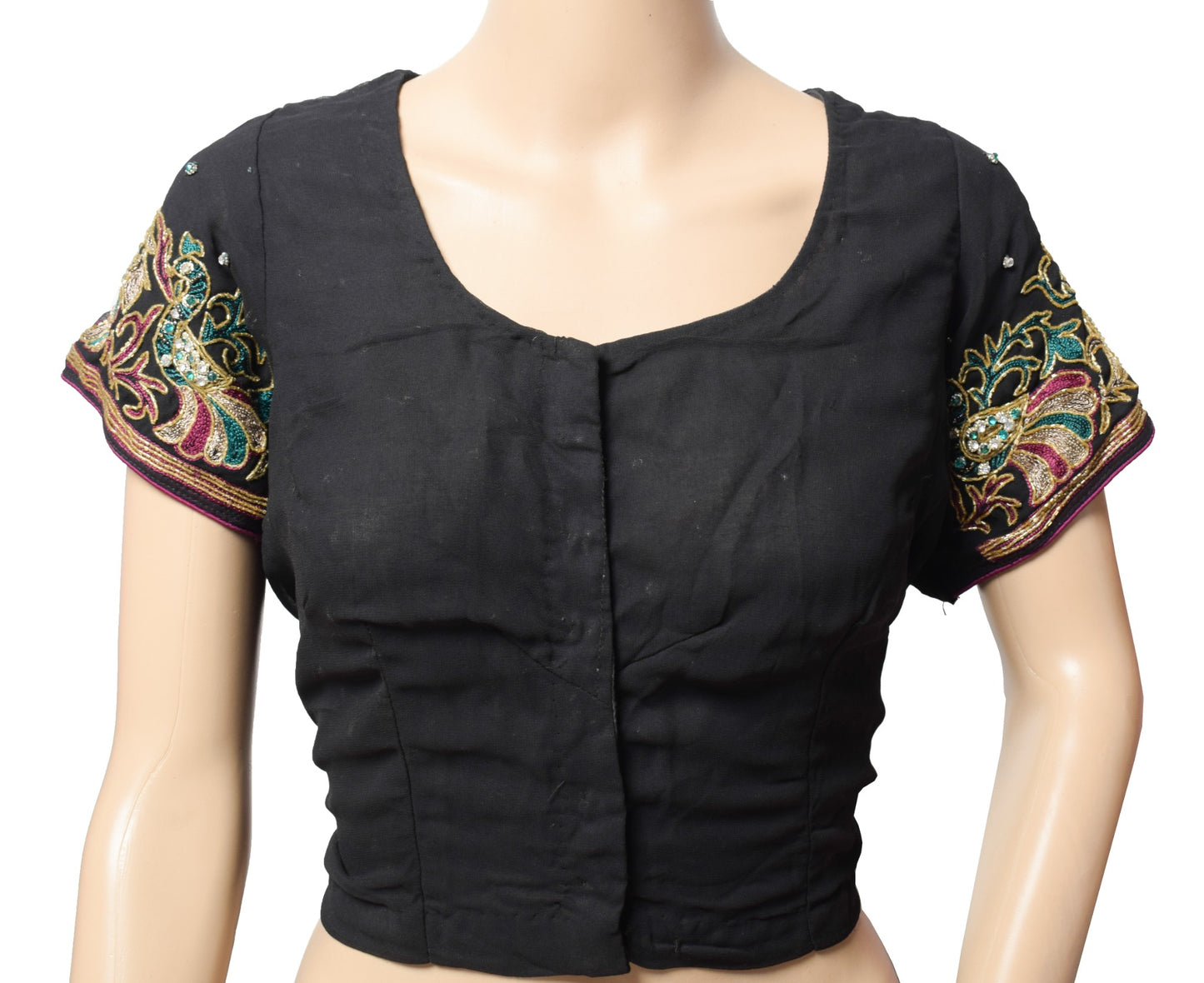 Sushila Vintage Black Stitched Sari Blouse Georgette Hand Beaded Floral Top 44"