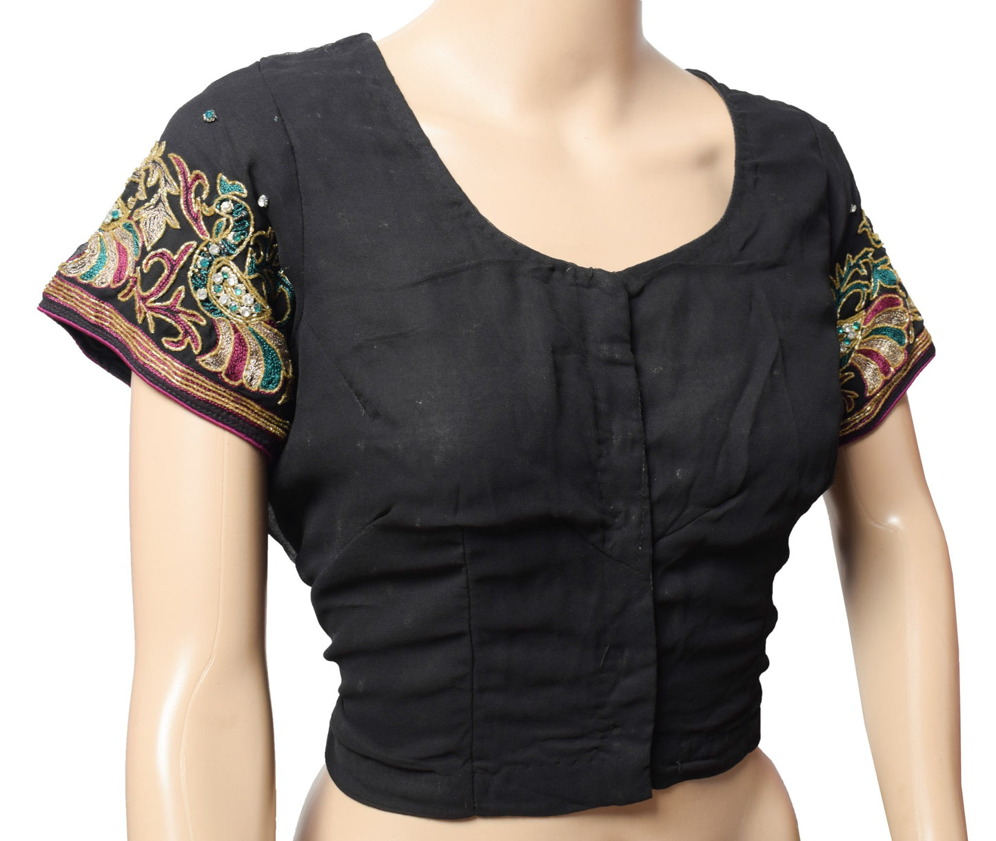 Sushila Vintage Black Stitched Sari Blouse Georgette Hand Beaded Floral Top 44"