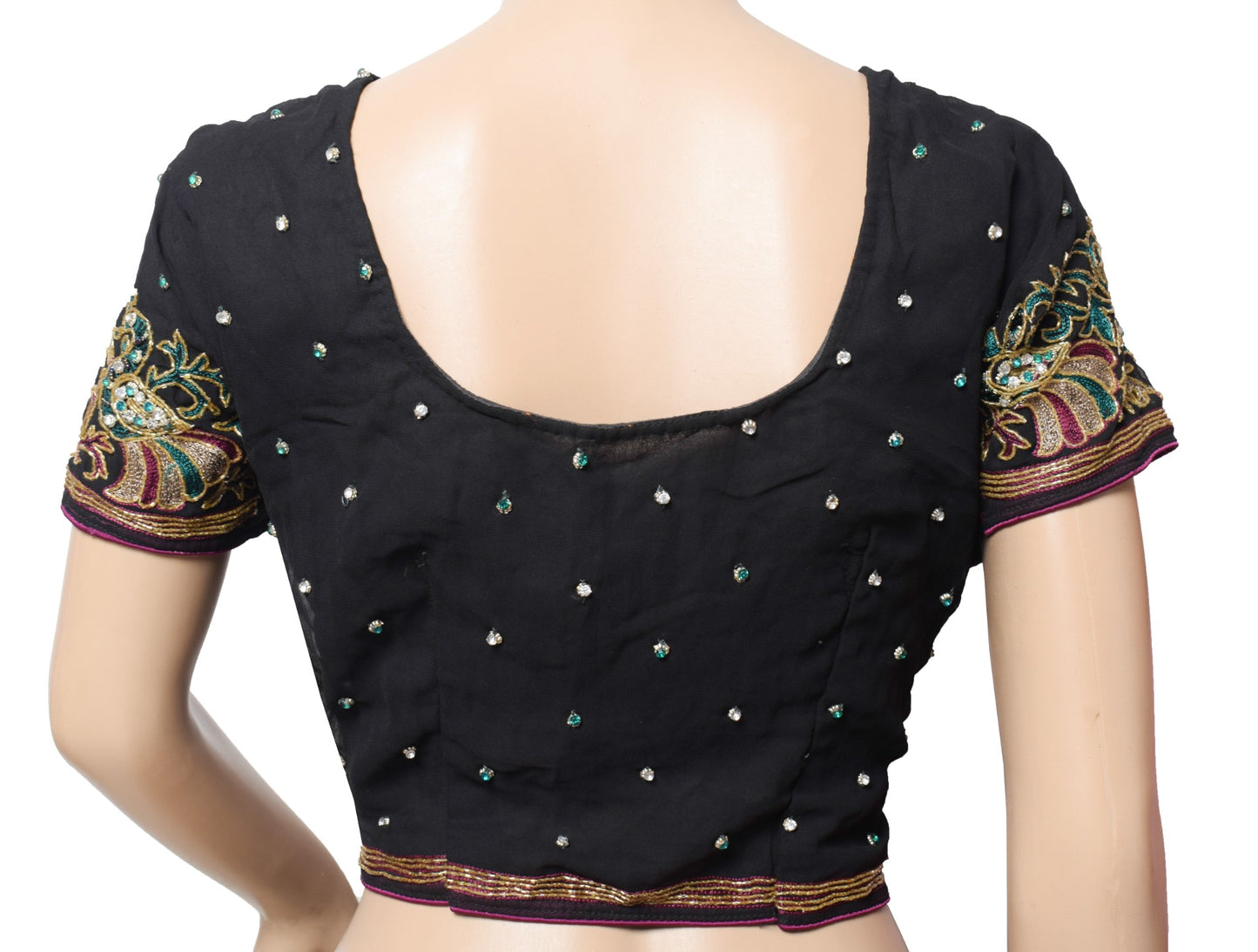 Sushila Vintage Black Stitched Sari Blouse Georgette Hand Beaded Floral Top 44"