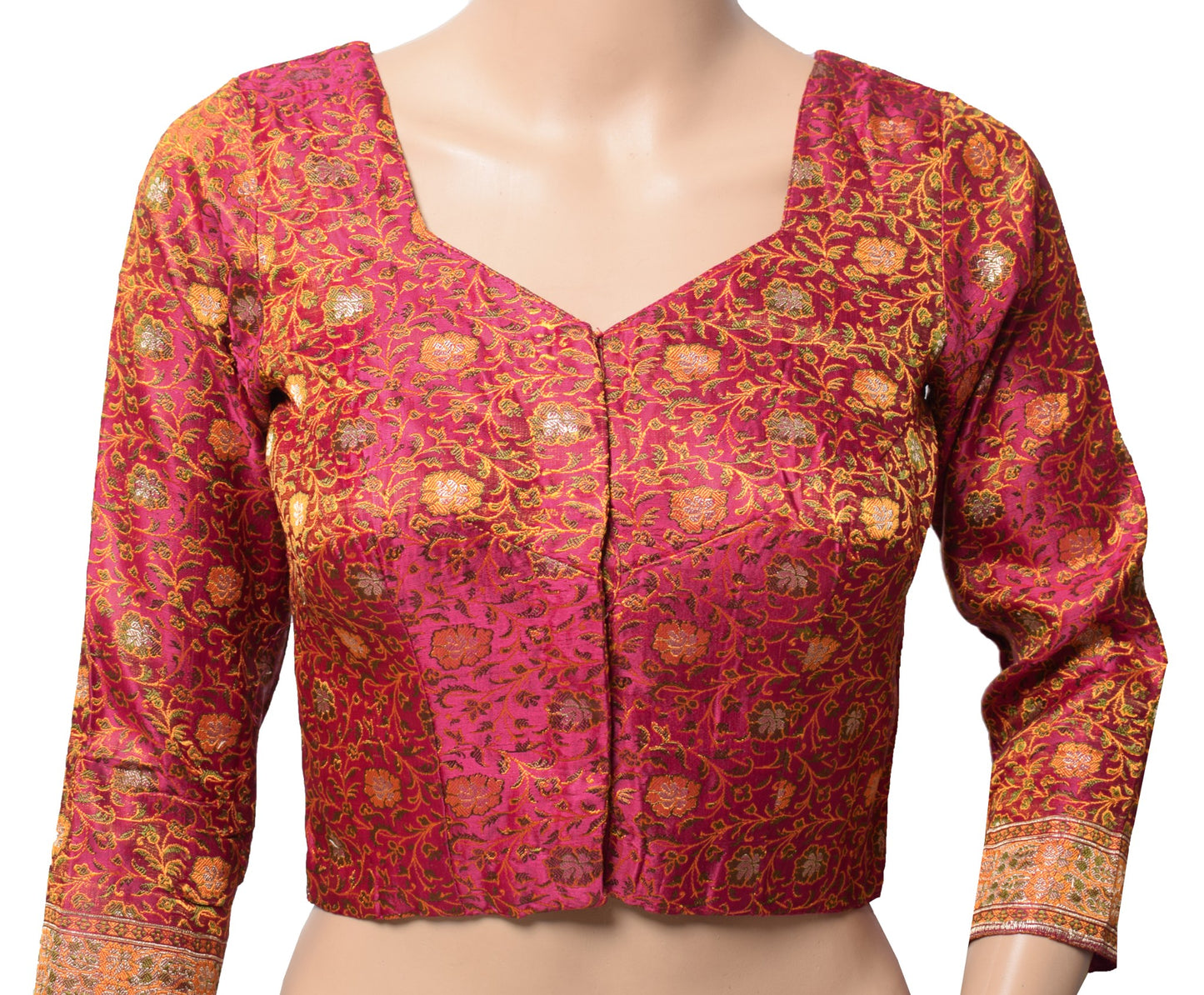 Sushila Vintage Banarasi Sari Blouse Magenta Woven Brocade Satin Silk Choli 32"