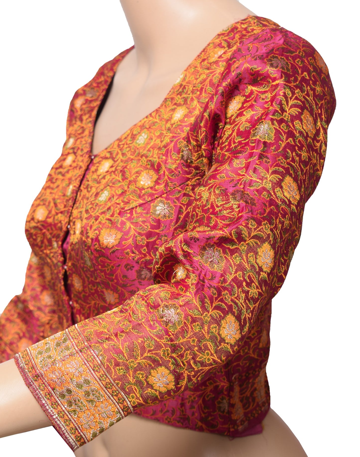 Sushila Vintage Banarasi Sari Blouse Magenta Woven Brocade Satin Silk Choli 32"