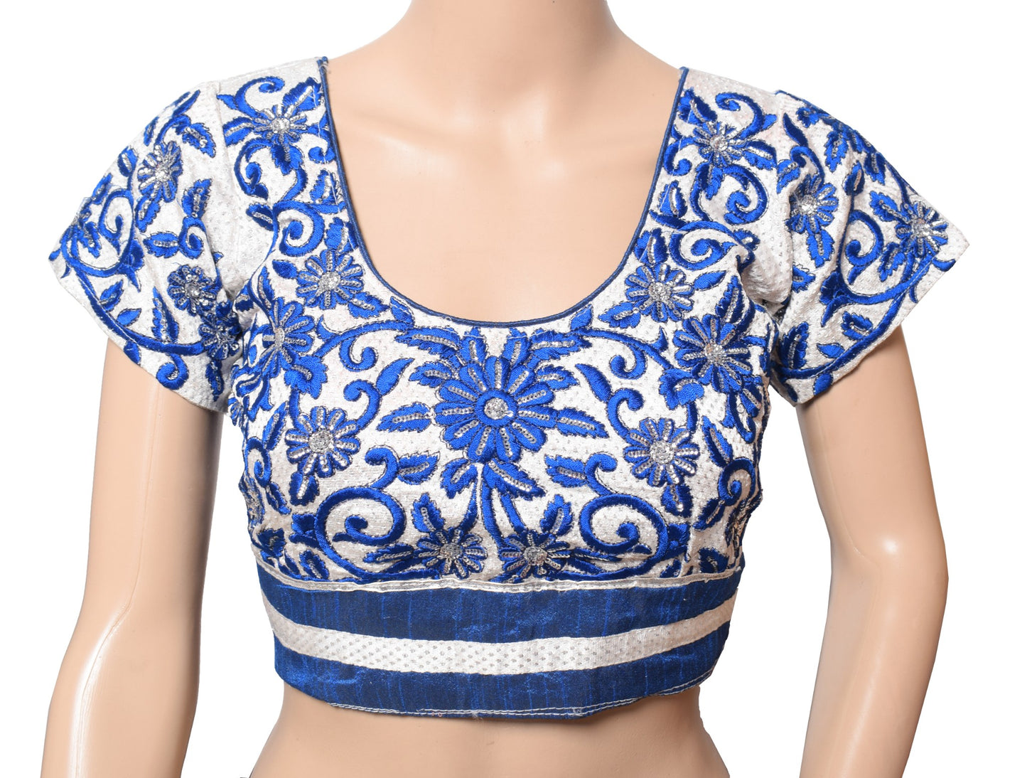Sushila Vintage Designer Silver Blue Sari Blouse Embroidered Art Silk Choli 34"