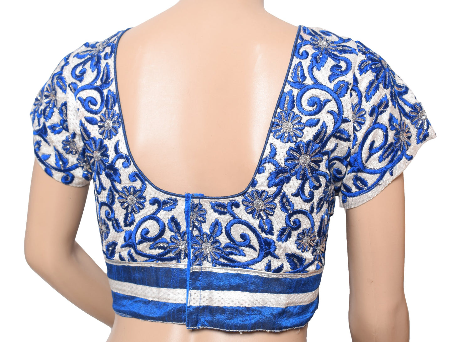 Sushila Vintage Designer Silver Blue Sari Blouse Embroidered Art Silk Choli 34"