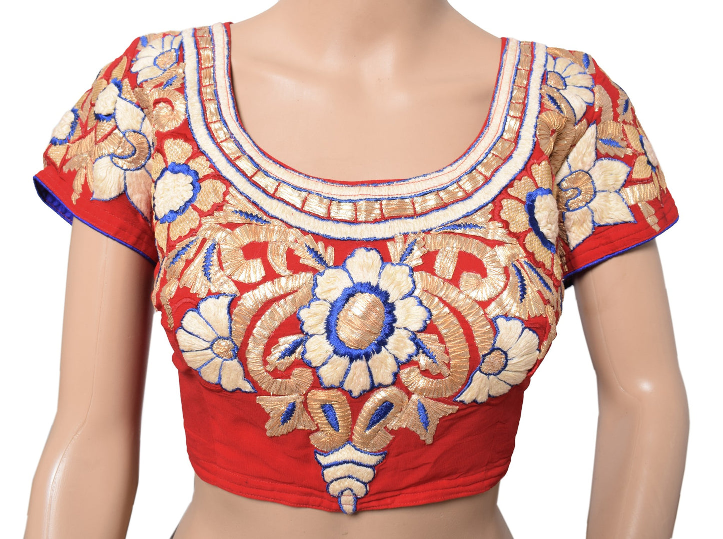 Sushila Vintage Readymade Red Saree Blouse Gold Blue Floral Embroidered Top 34"