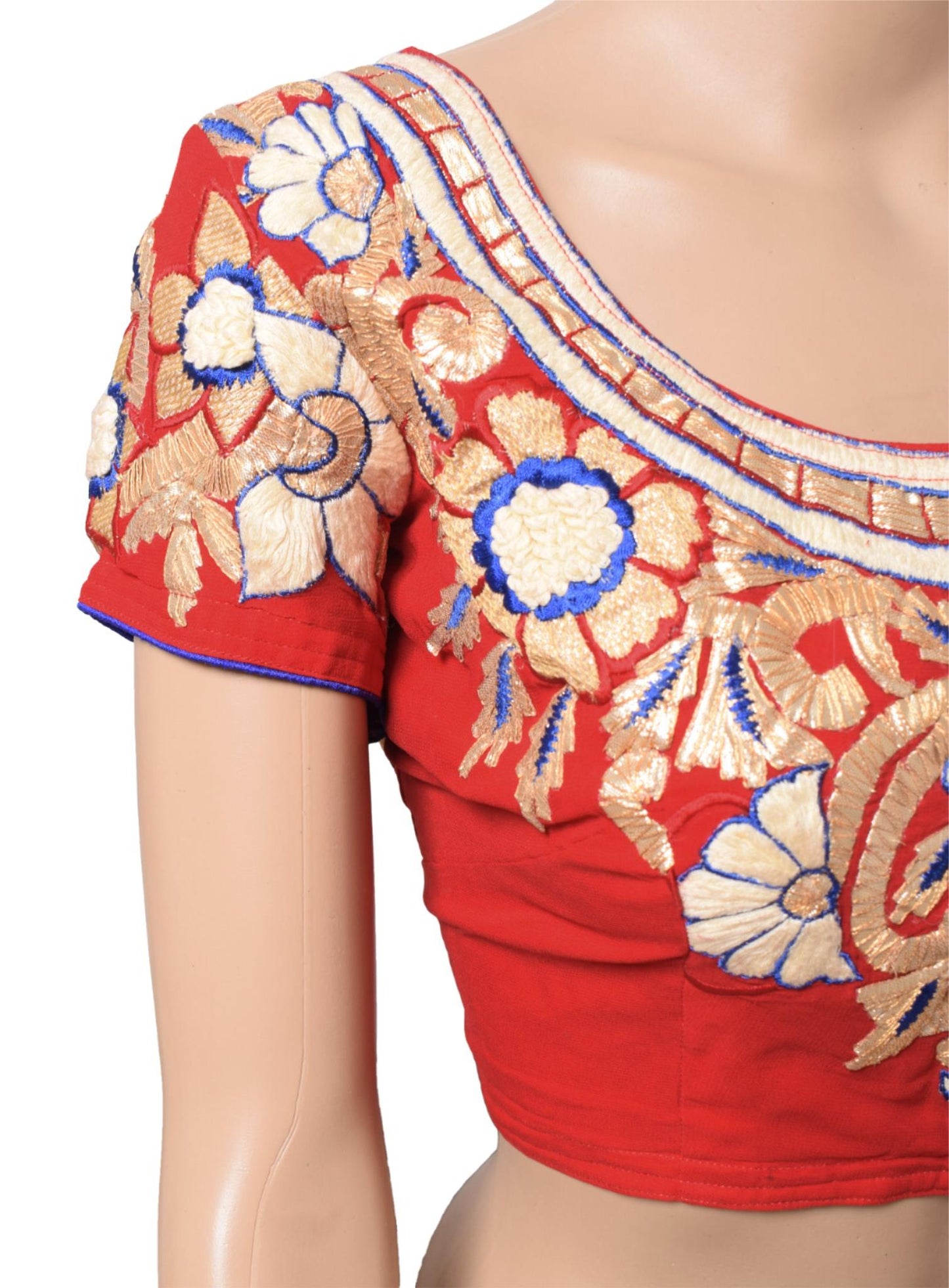 Sushila Vintage Readymade Red Saree Blouse Gold Blue Floral Embroidered Top 34"