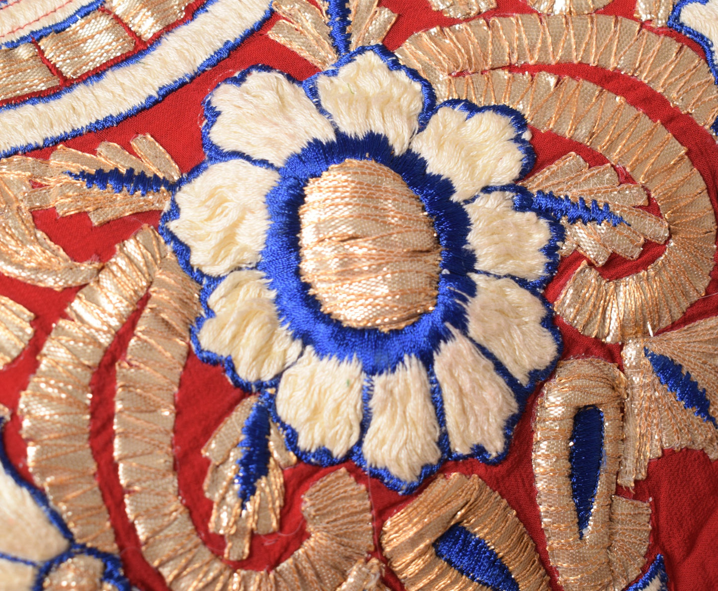 Sushila Vintage Readymade Red Saree Blouse Gold Blue Floral Embroidered Top 34"