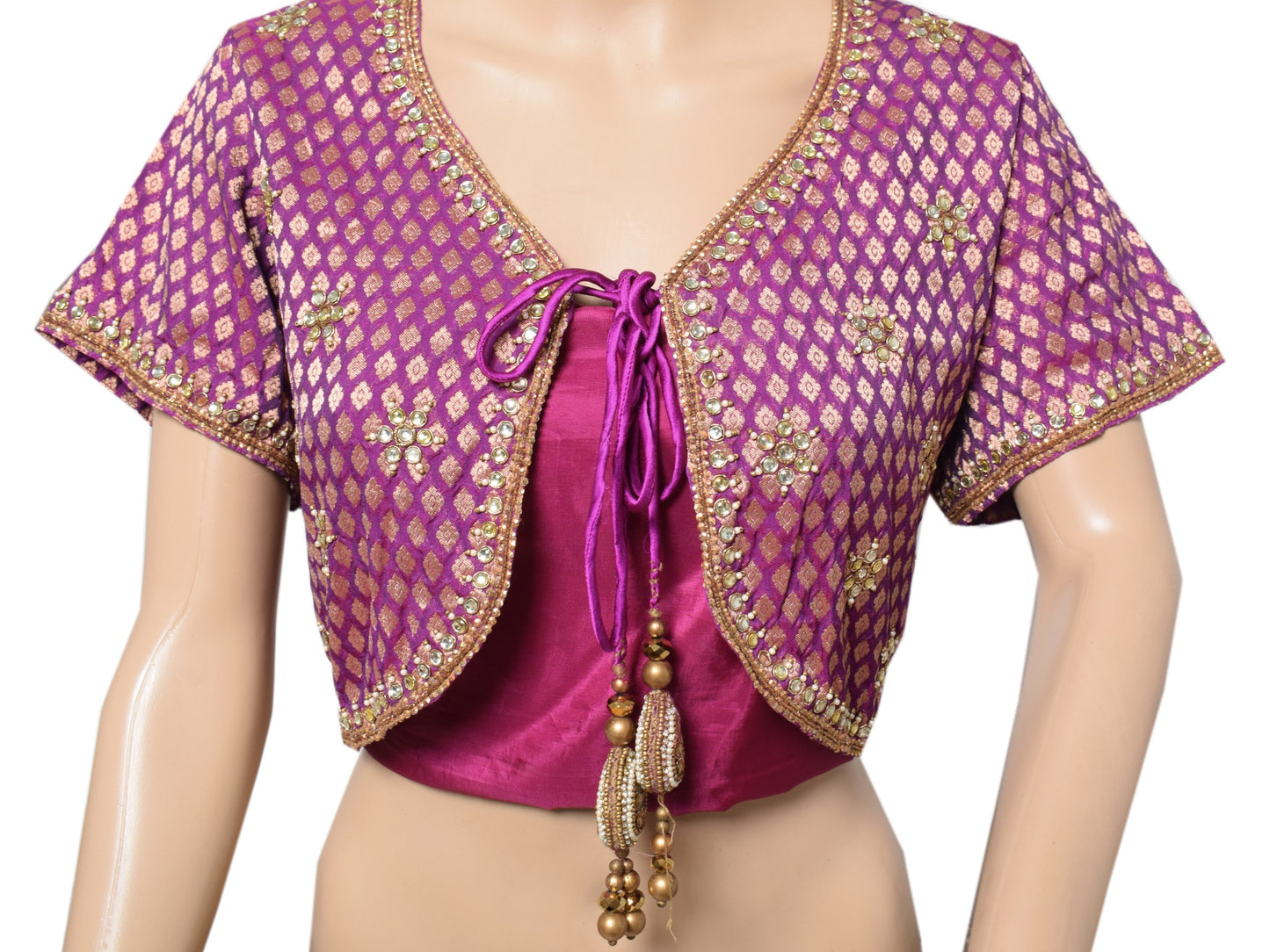 Sushila Vintage Purple Sari Koti Jacket Banarasi Brocade Designer Silk Choli 40"