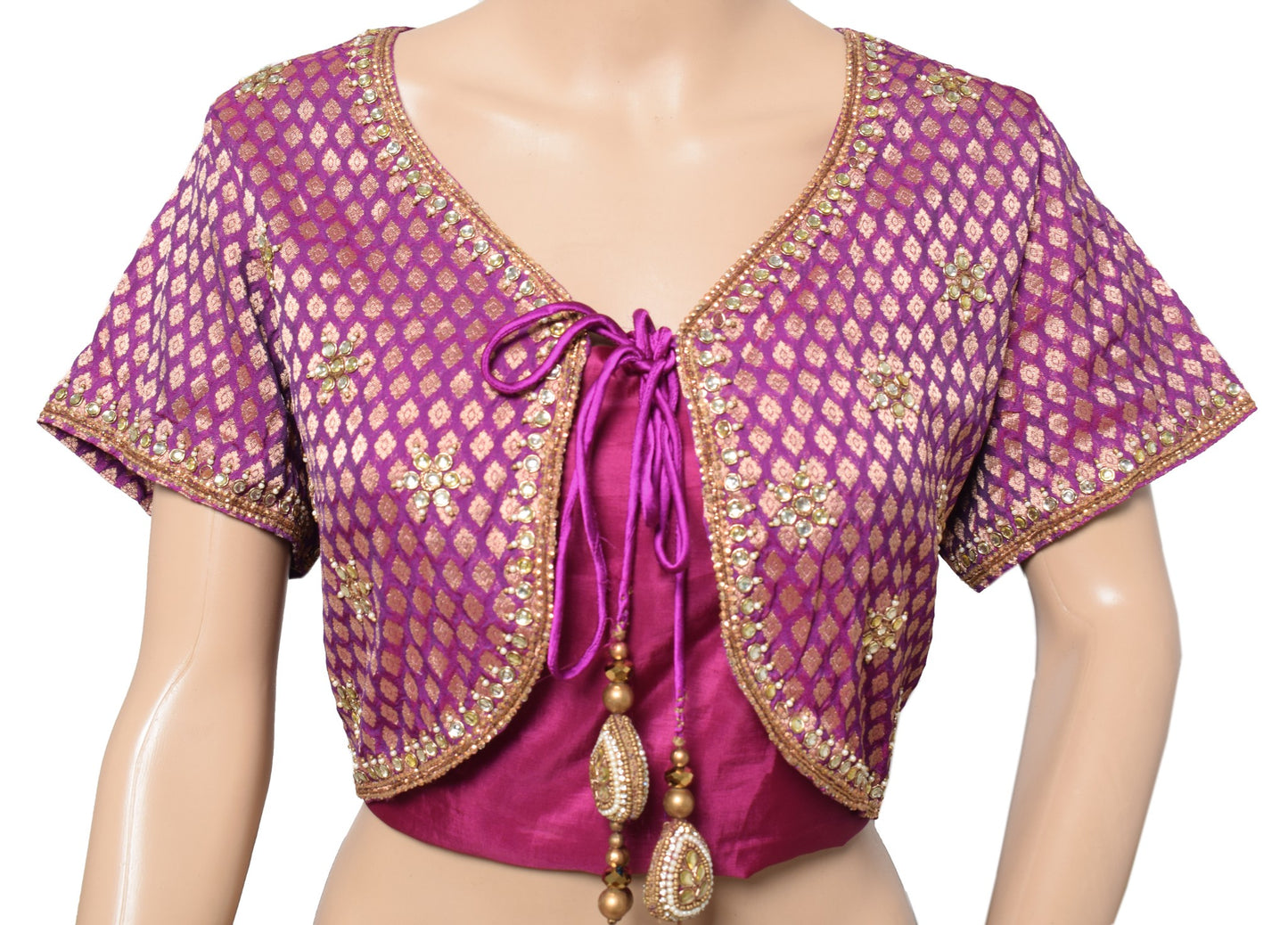 Sushila Vintage Purple Sari Koti Jacket Banarasi Brocade Designer Silk Choli 40"