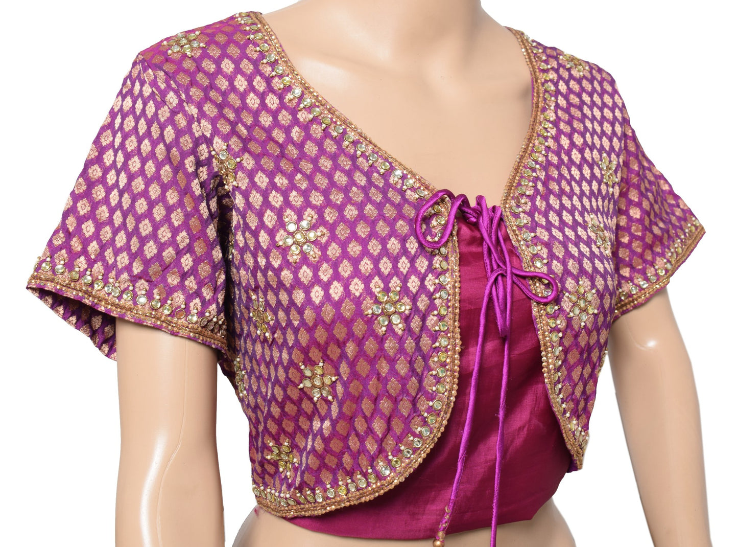 Sushila Vintage Purple Sari Koti Jacket Banarasi Brocade Designer Silk Choli 40"
