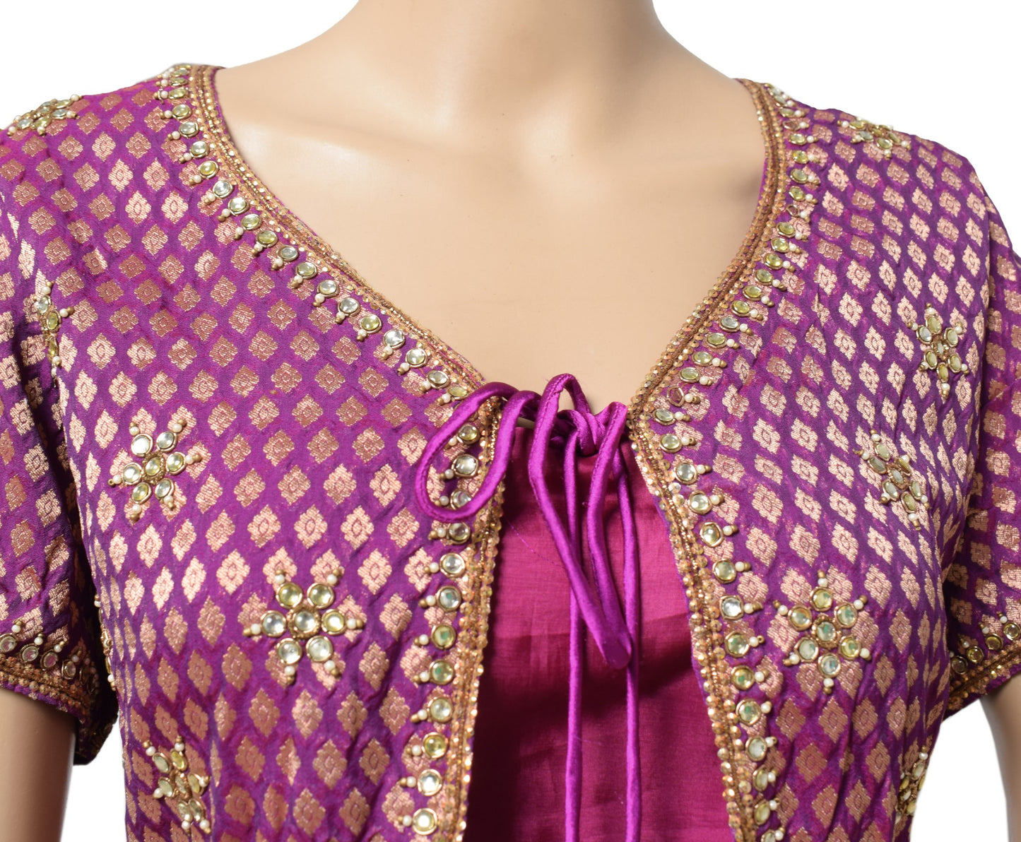 Sushila Vintage Purple Sari Koti Jacket Banarasi Brocade Designer Silk Choli 40"