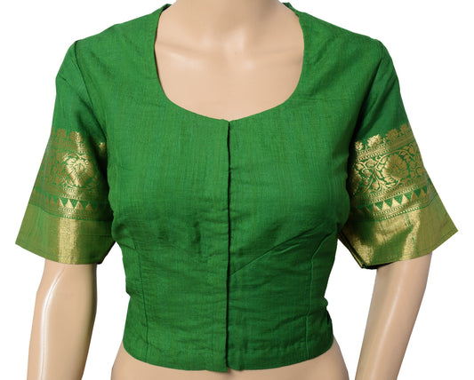 Sushila Vintage Readymade Green Sari Blouse Zari Woven Art Cotton Choli Top 42"