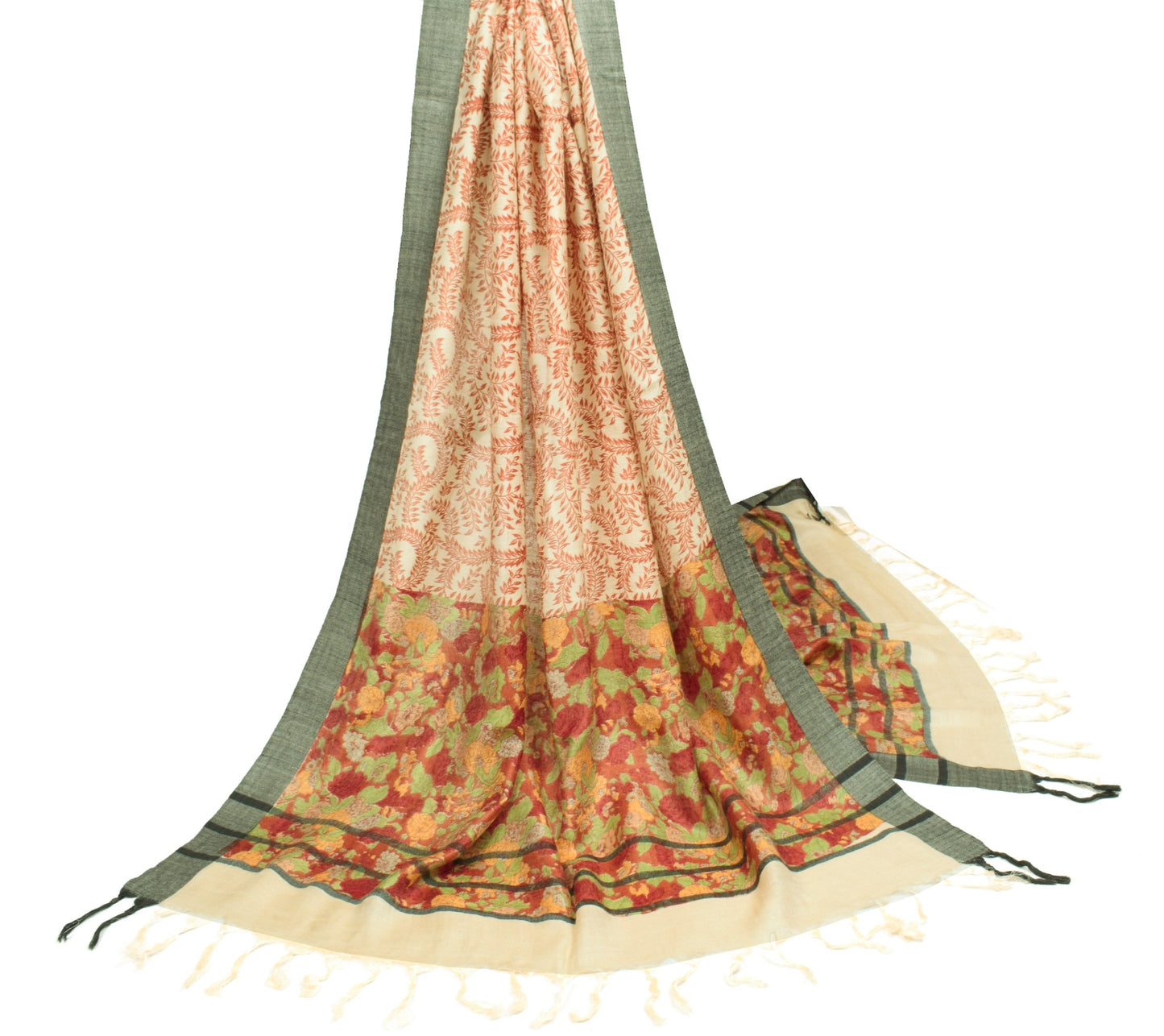 Sushila Vintage Floral Printed Dupatta Cream Pure Woolen Soft Shawl Long Stole
