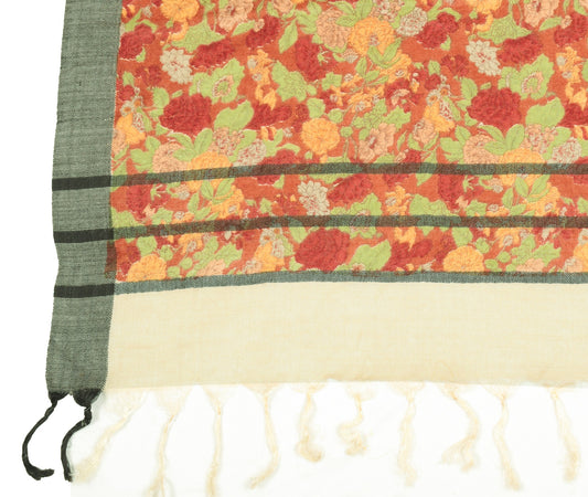 Sushila Vintage Floral Printed Dupatta Cream Pure Woolen Soft Shawl Long Stole