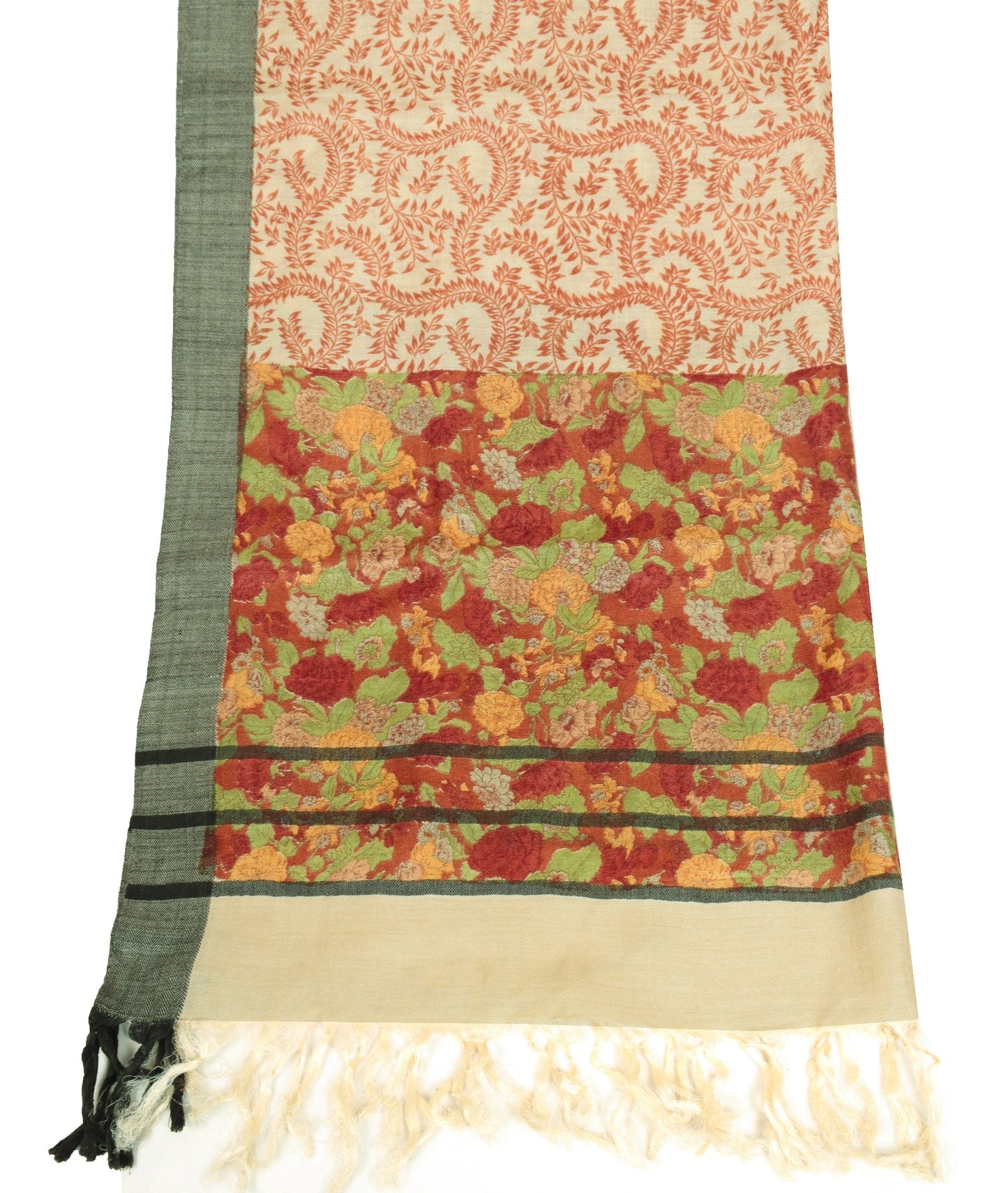 Sushila Vintage Floral Printed Dupatta Cream Pure Woolen Soft Shawl Long Stole