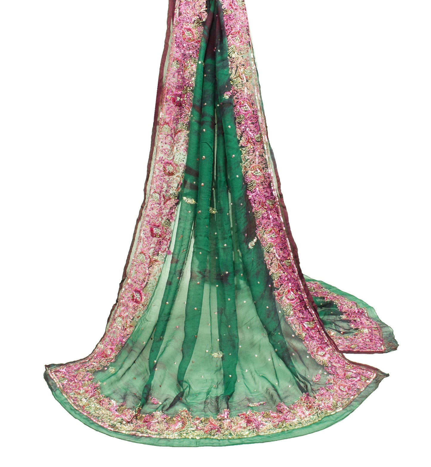 Sushila Vintage Hand Beaded Dupatta Blue Pure Chiffon Tie-Dye Green Long Stole