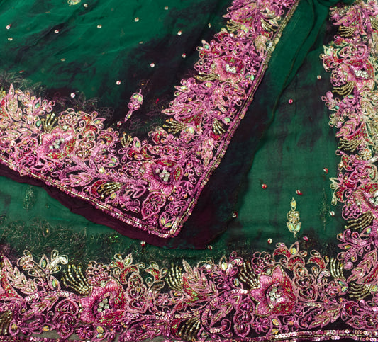 Sushila Vintage Hand Beaded Dupatta Blue Pure Chiffon Tie-Dye Green Long Stole