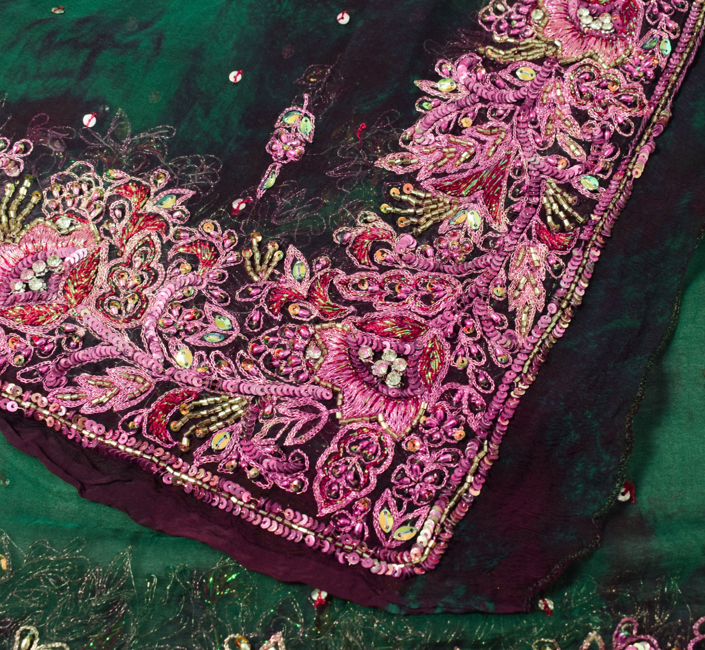 Sushila Vintage Hand Beaded Dupatta Blue Pure Chiffon Tie-Dye Green Long Stole