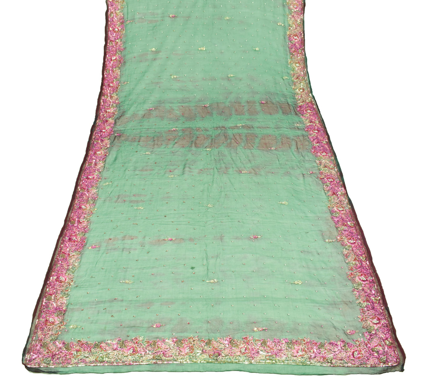 Sushila Vintage Hand Beaded Dupatta Blue Pure Chiffon Tie-Dye Green Long Stole