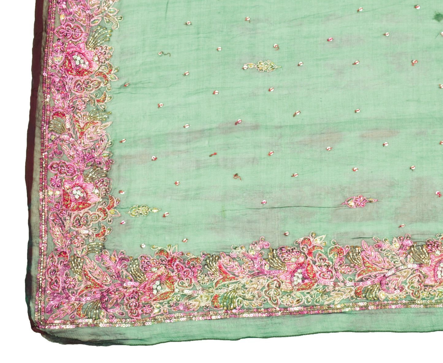 Sushila Vintage Hand Beaded Dupatta Blue Pure Chiffon Tie-Dye Green Long Stole