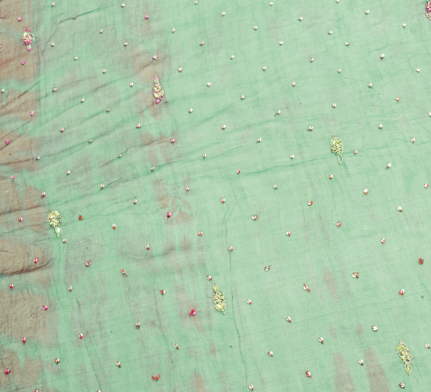 Sushila Vintage Hand Beaded Dupatta Blue Pure Chiffon Tie-Dye Green Long Stole