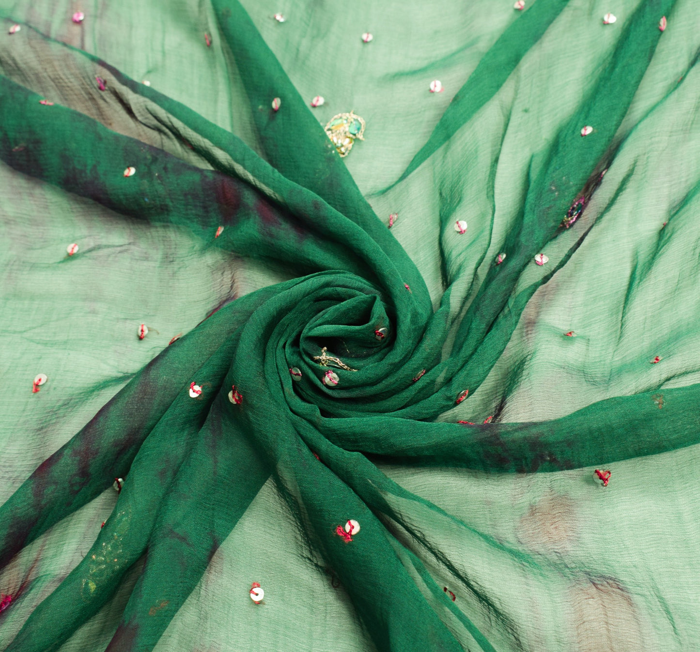 Sushila Vintage Hand Beaded Dupatta Blue Pure Chiffon Tie-Dye Green Long Stole