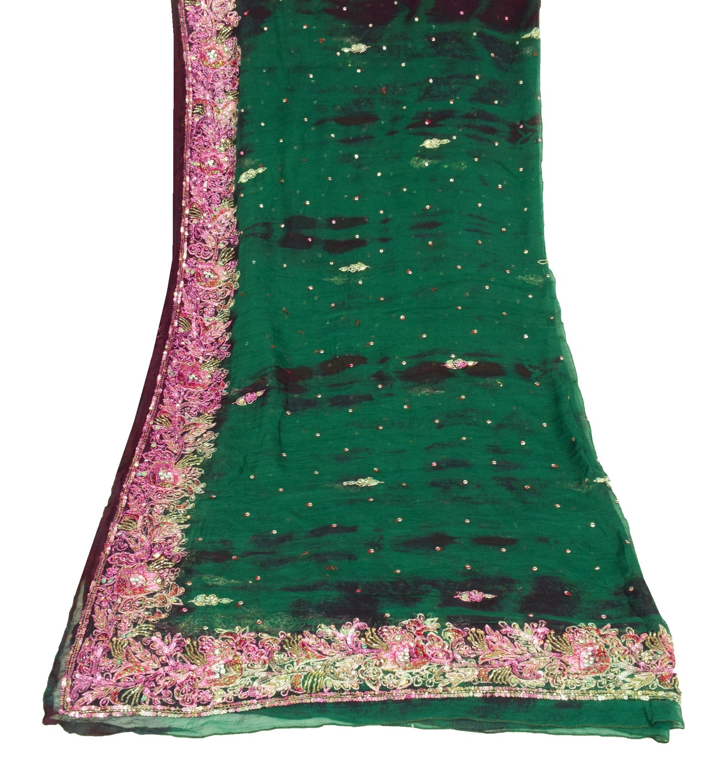 Sushila Vintage Hand Beaded Dupatta Blue Pure Chiffon Tie-Dye Green Long Stole