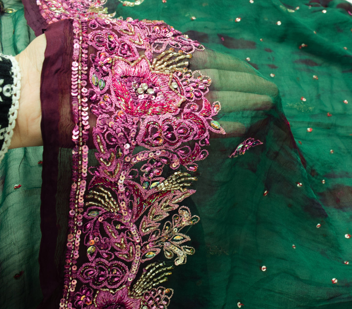 Sushila Vintage Hand Beaded Dupatta Blue Pure Chiffon Tie-Dye Green Long Stole