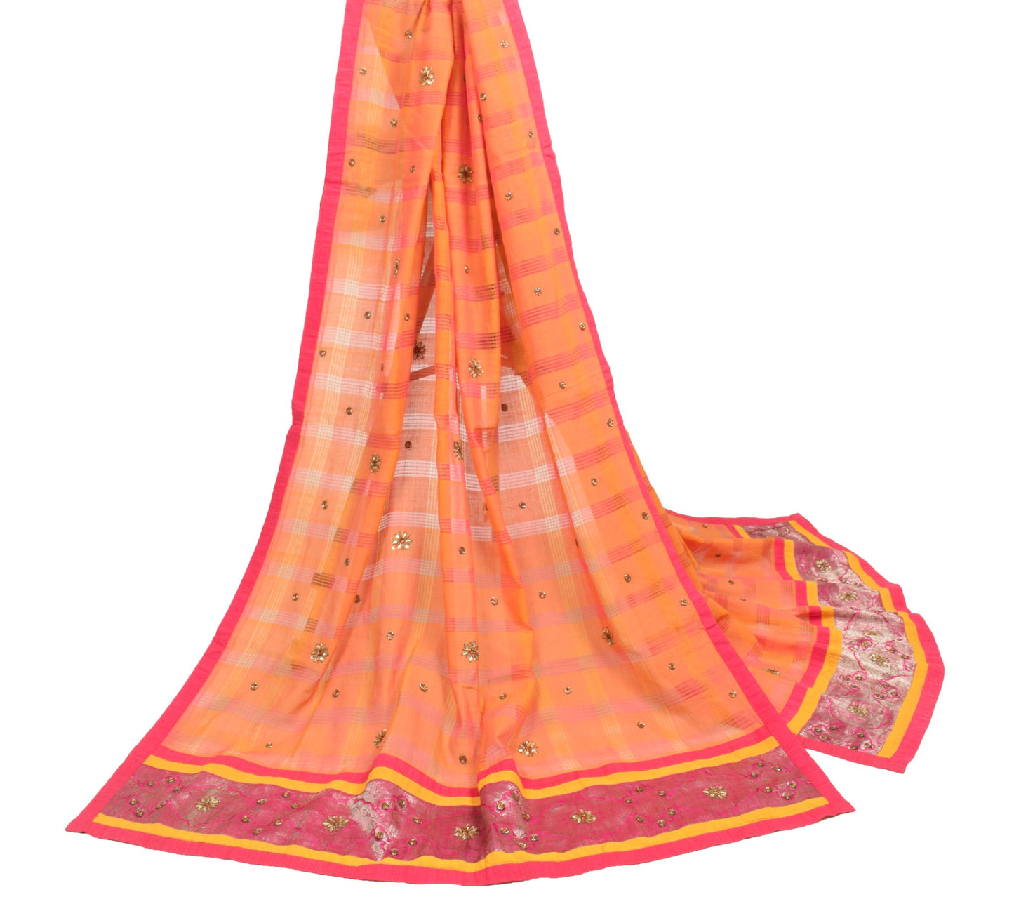 Sushila Vintage Orange Pure Cotton Dupatta Woven with Patch Work Long Stole Wrap