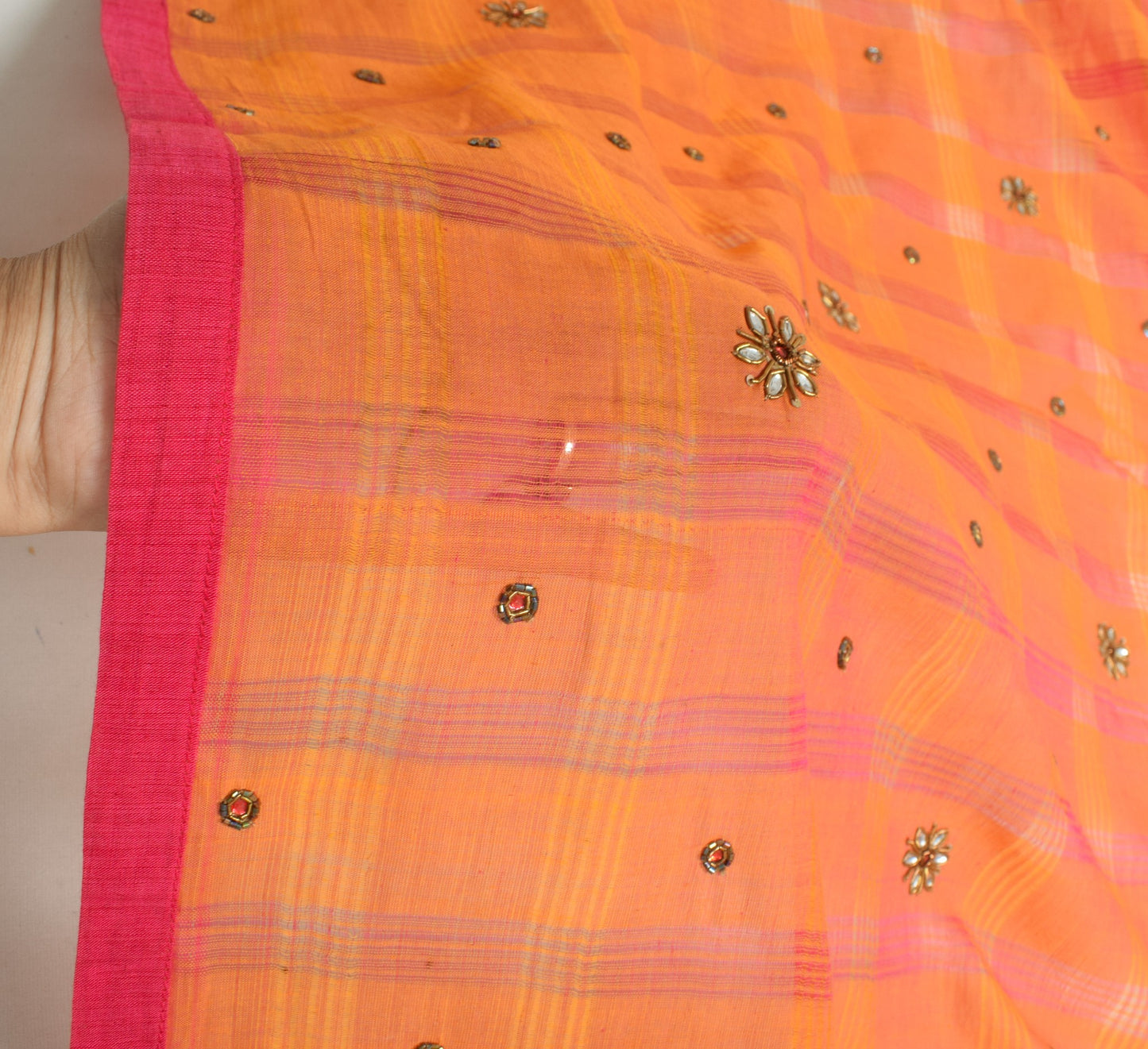 Sushila Vintage Orange Pure Cotton Dupatta Woven with Patch Work Long Stole Wrap