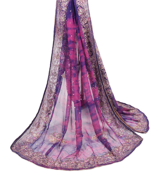 Sushila Vintage Hand Beaded Dupatta Blue Pure Chiffon Tie-Dye Blue Long Stole