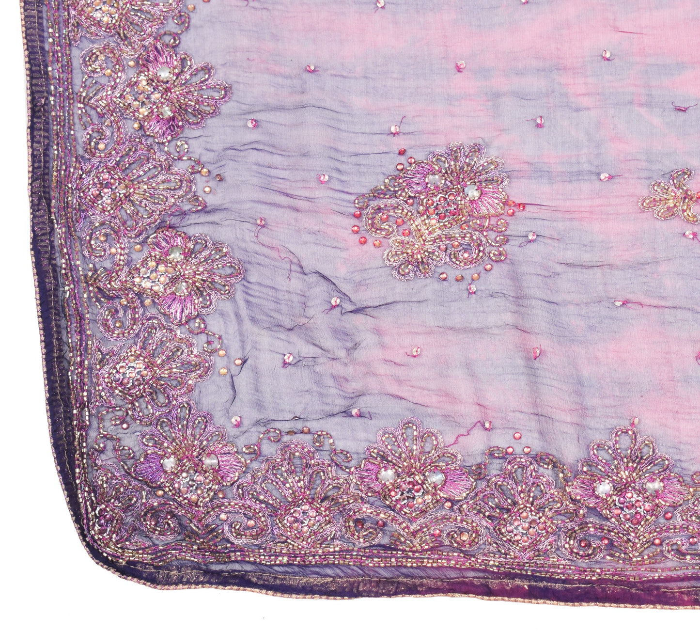 Sushila Vintage Hand Beaded Dupatta Blue Pure Chiffon Tie-Dye Blue Long Stole