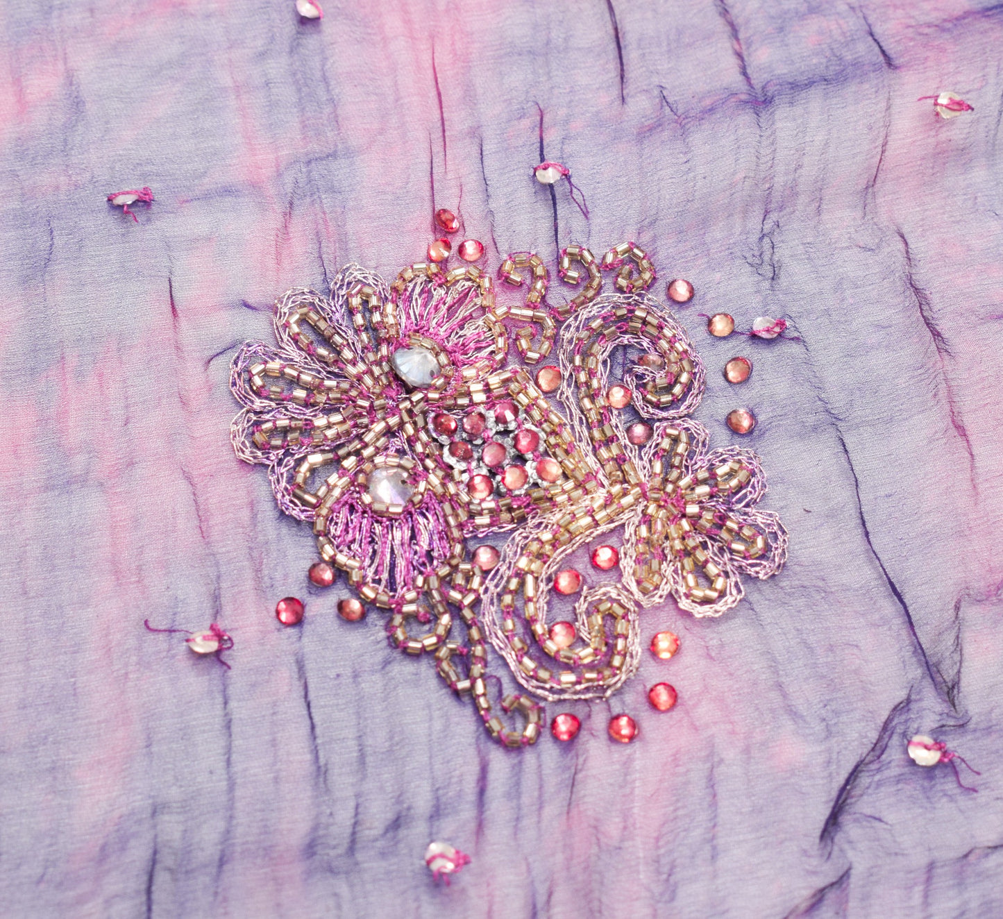 Sushila Vintage Hand Beaded Dupatta Blue Pure Chiffon Tie-Dye Blue Long Stole