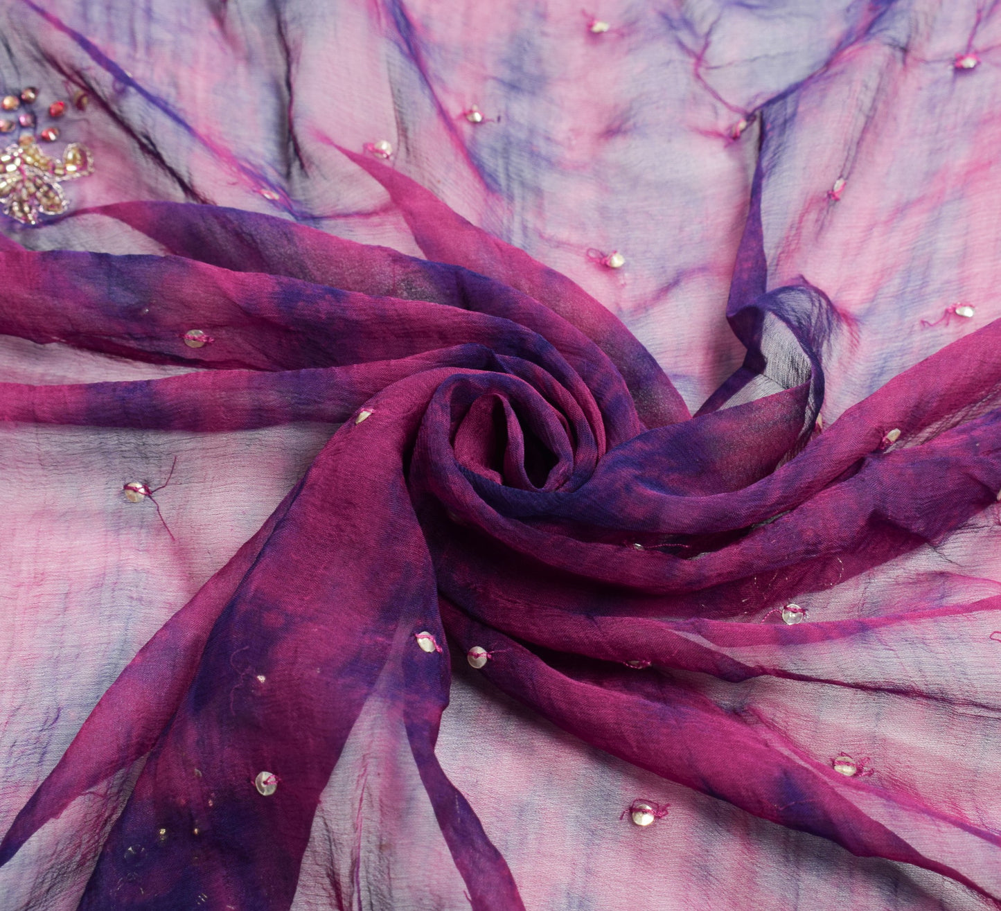 Sushila Vintage Hand Beaded Dupatta Blue Pure Chiffon Tie-Dye Blue Long Stole