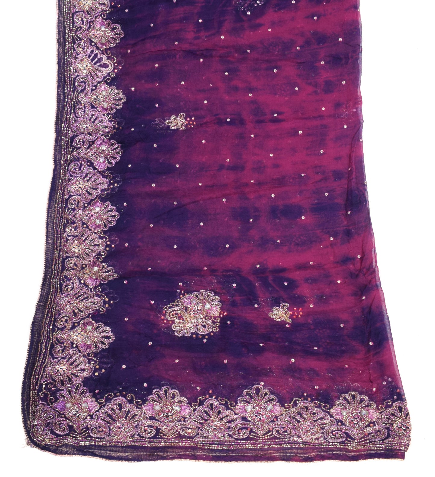 Sushila Vintage Hand Beaded Dupatta Blue Pure Chiffon Tie-Dye Blue Long Stole