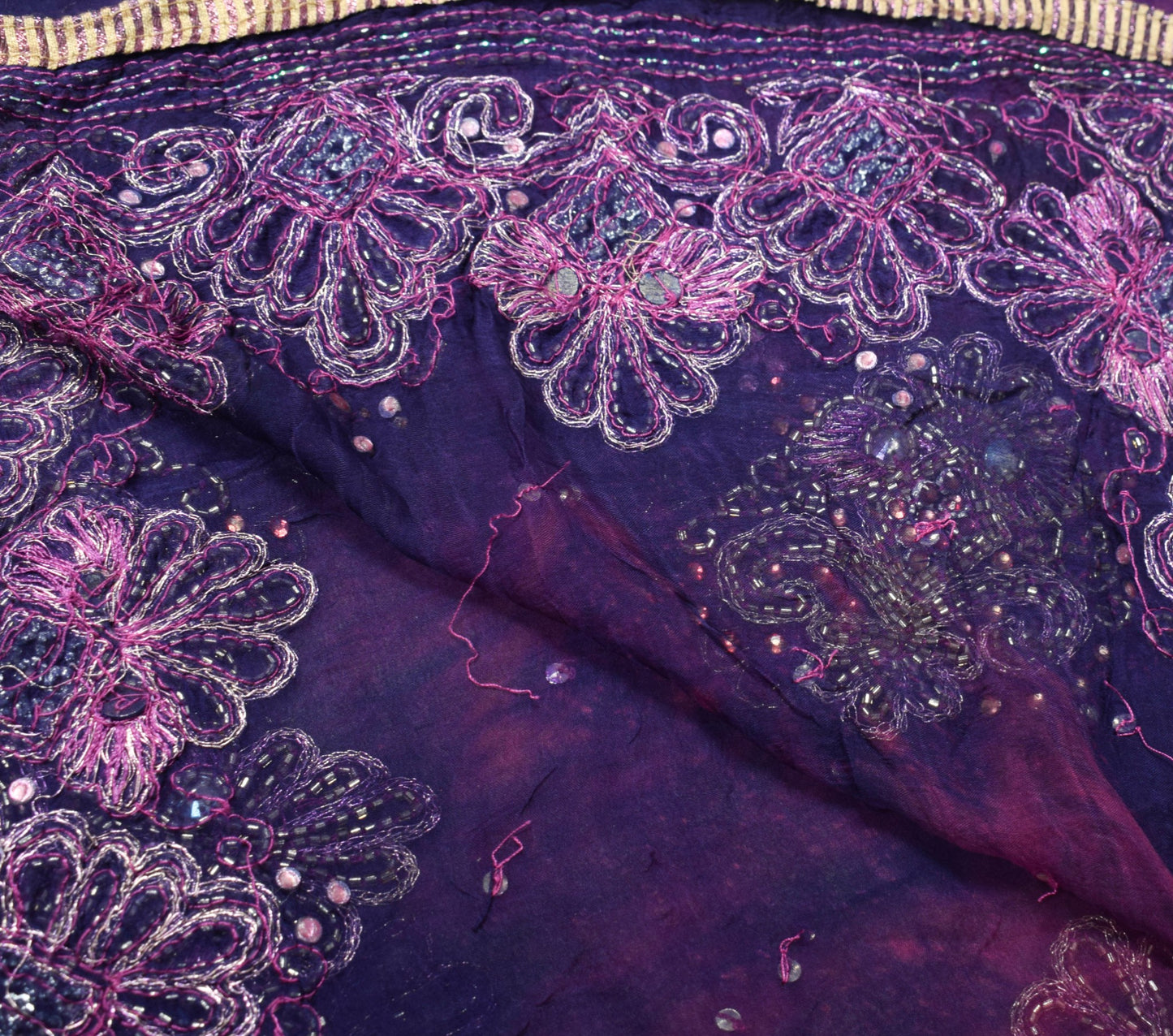 Sushila Vintage Hand Beaded Dupatta Blue Pure Chiffon Tie-Dye Blue Long Stole