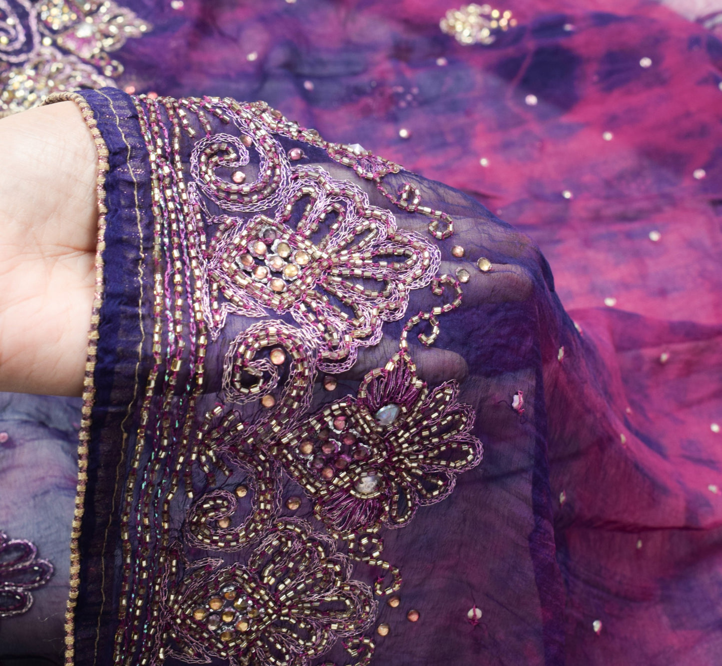 Sushila Vintage Hand Beaded Dupatta Blue Pure Chiffon Tie-Dye Blue Long Stole