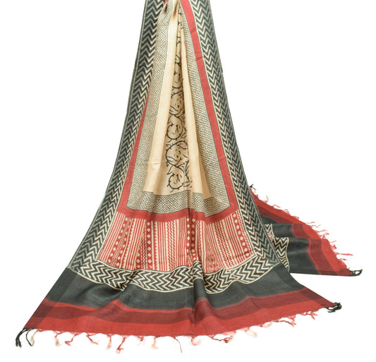Sushila Vintage Hand Block Printed Dupatta Cream Pure Woolen Shawl Long Stole