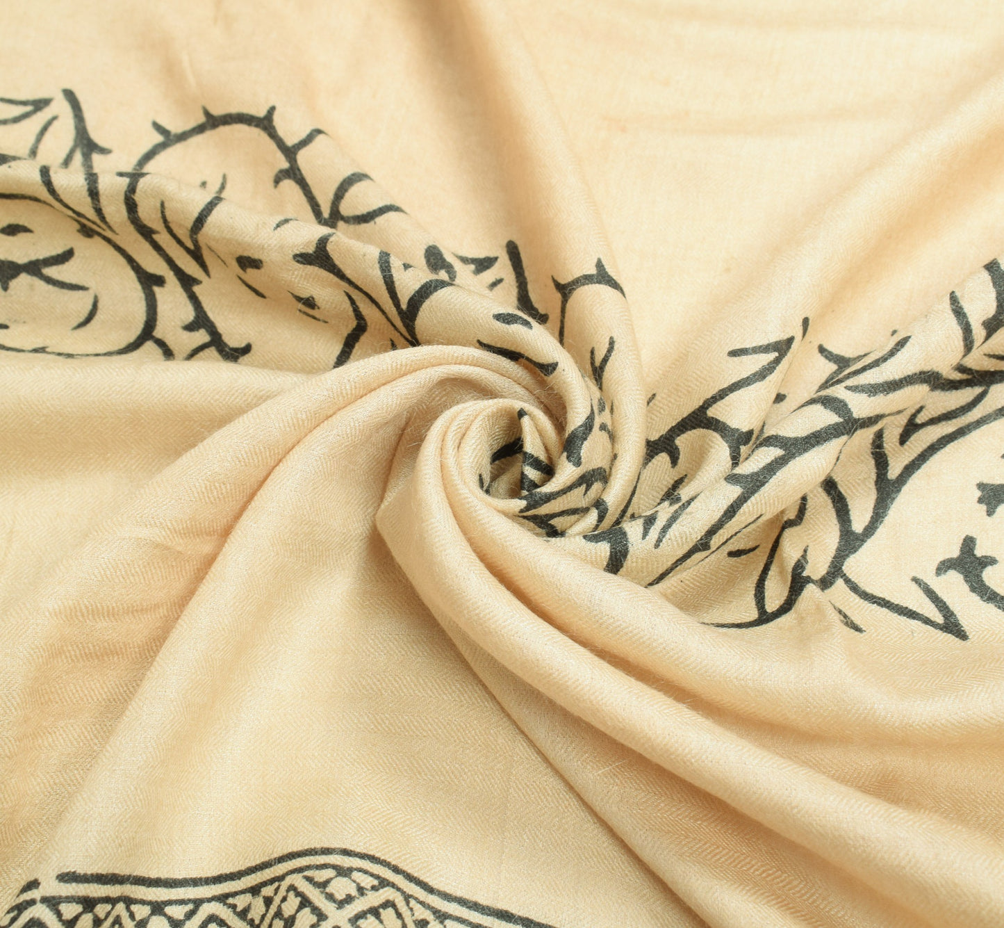 Sushila Vintage Hand Block Printed Dupatta Cream Pure Woolen Shawl Long Stole