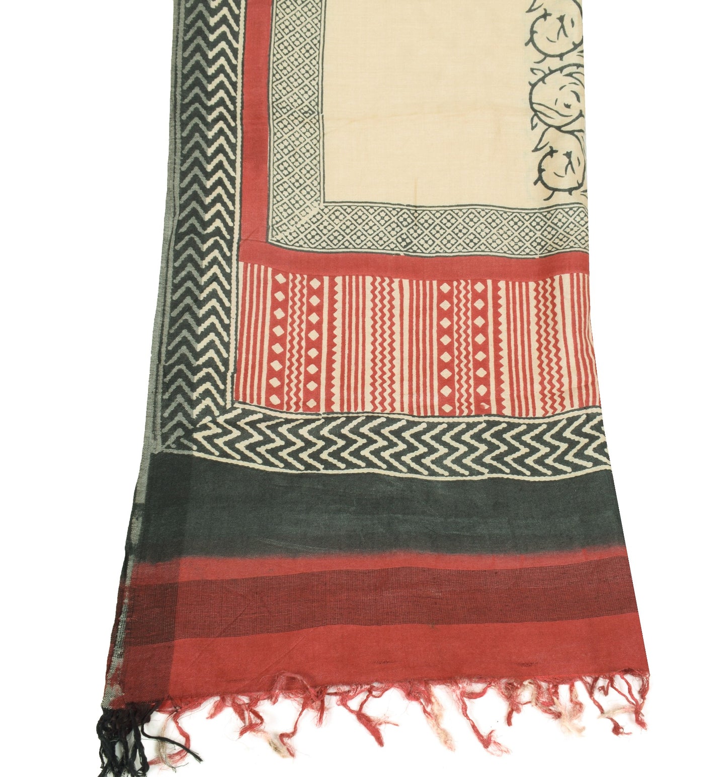 Sushila Vintage Hand Block Printed Dupatta Cream Pure Woolen Shawl Long Stole